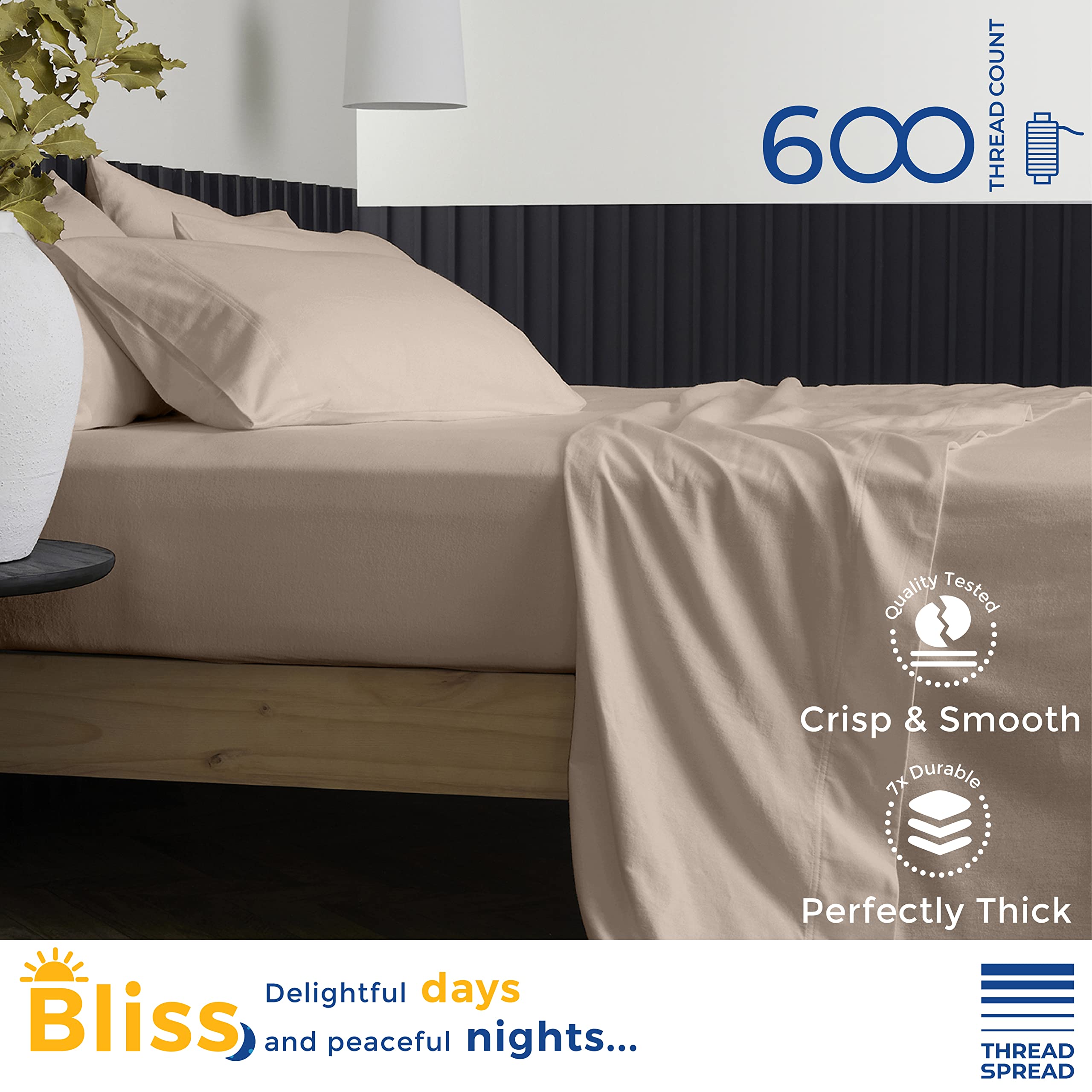 Thread Spread Luxury Sheets 600 Thread Count - Egyptian Cotton Quality Split King Size Sheet Set - Deep Pocket Fitted Bedding Sheets & Pillowcases - 4 Pc Breathable - Taupe Sheets For Boys & Girls