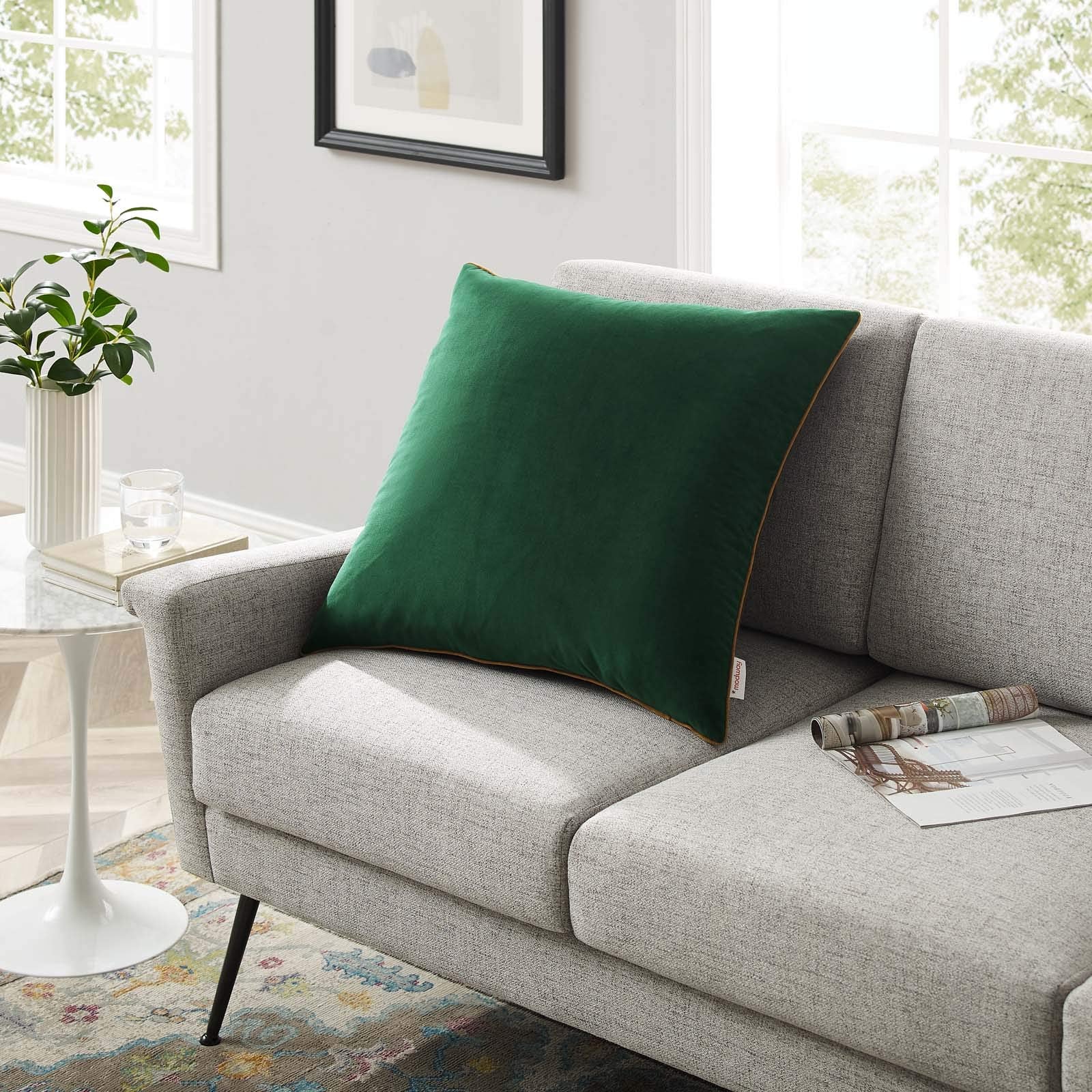 Modway Accentuate 24" Performance Velvet Accent Throw Pillow, 24" X 24", Green Cognac