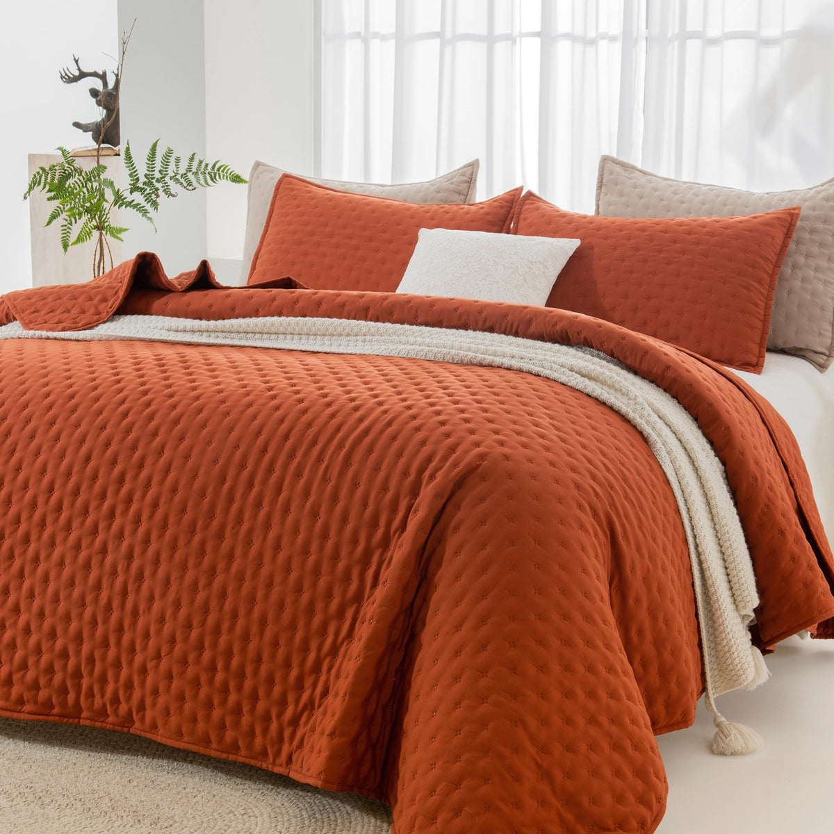 Andency Queen Size Quilt Bedding Set (90X96 Inch), 3 Pieces Burnt Orange Soft Lightweight Bedspread Coverlet, Terracotta Boho Su