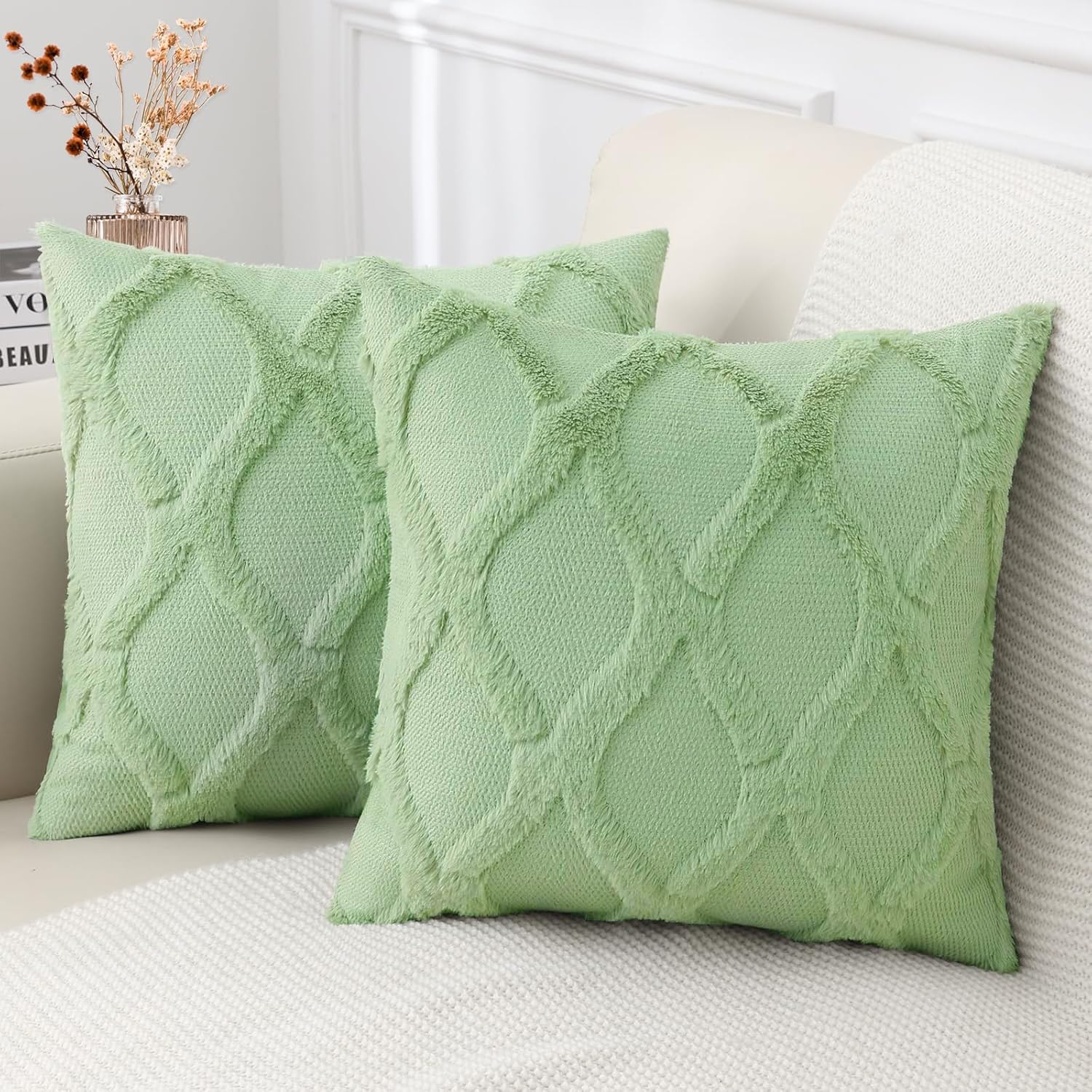 Decoruhome Spring Throw Pillow Covers 18X18 Inch Set Of 2, Soft Plush Faux Fur Wool Sage Green Couch Pillow Covers, Decorative Pillow Cases For Bed Sofa Living Room Home Decor