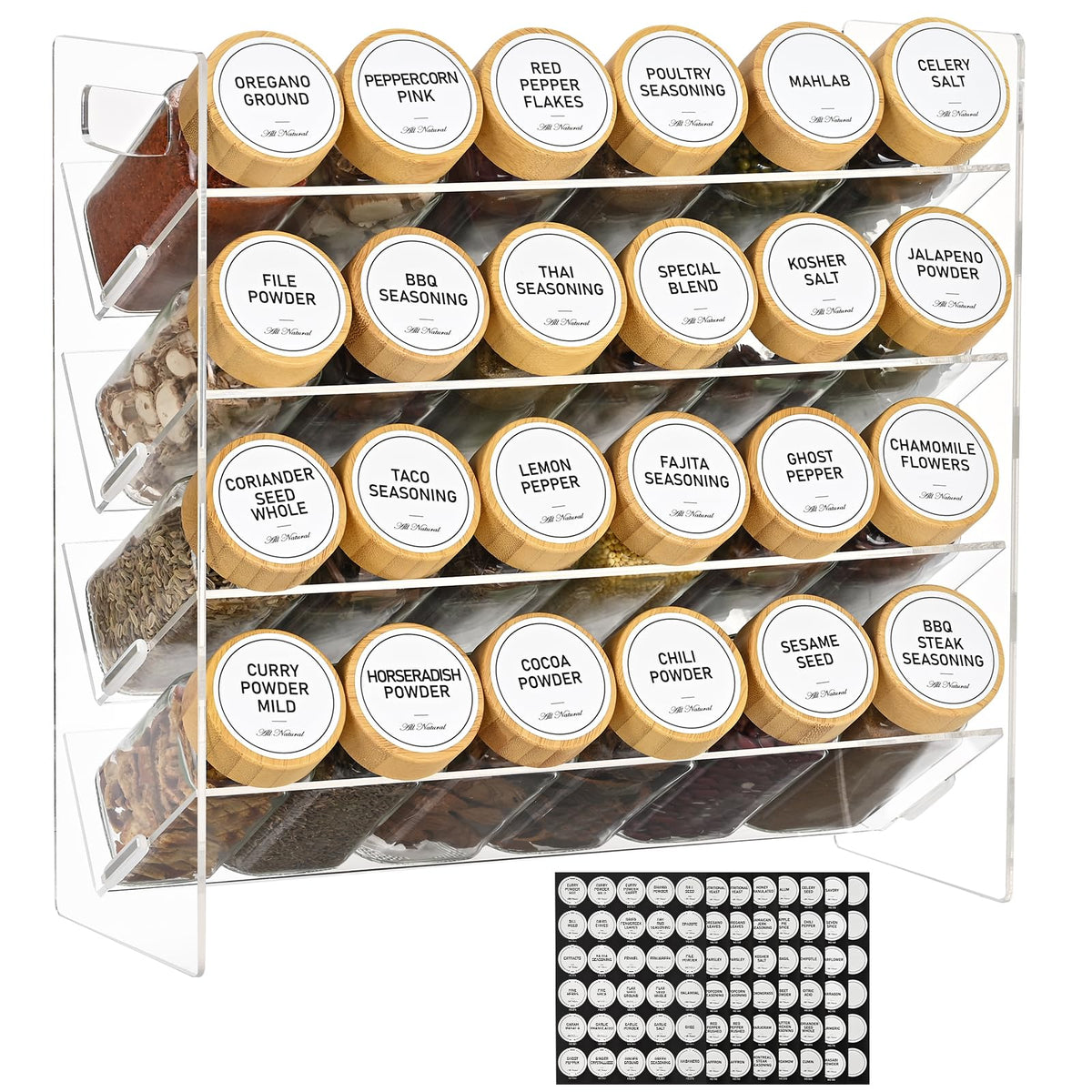 KitHero 4Tier Acrylic Spice Rack Organizer with 24 Glass Spice Jars