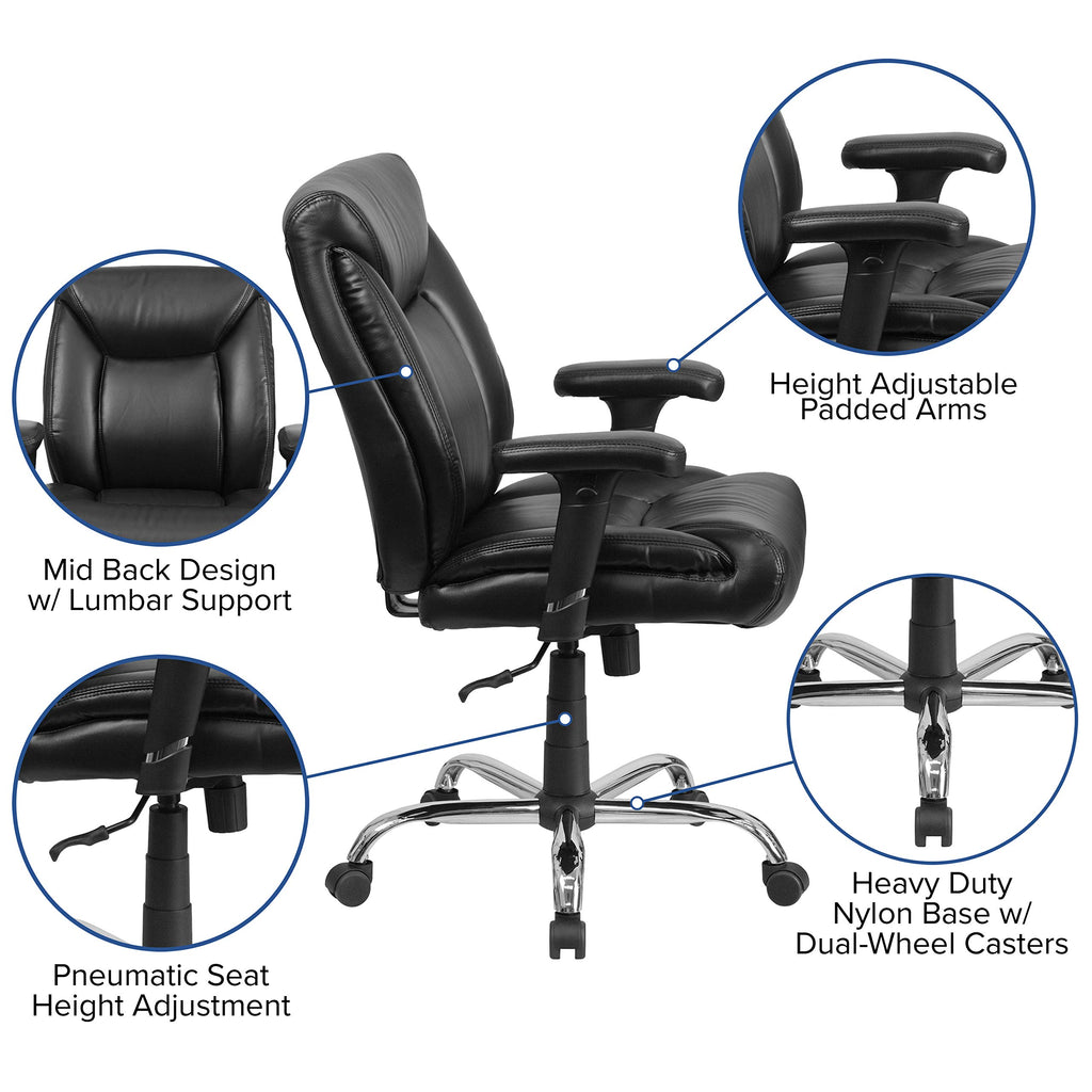 Flash Furniture HERCULES Series Big & Tall 400 lb. Rated Black LeatherSoft Deep Tufted Ergonomic Task Office Chair with Adjustable Arms