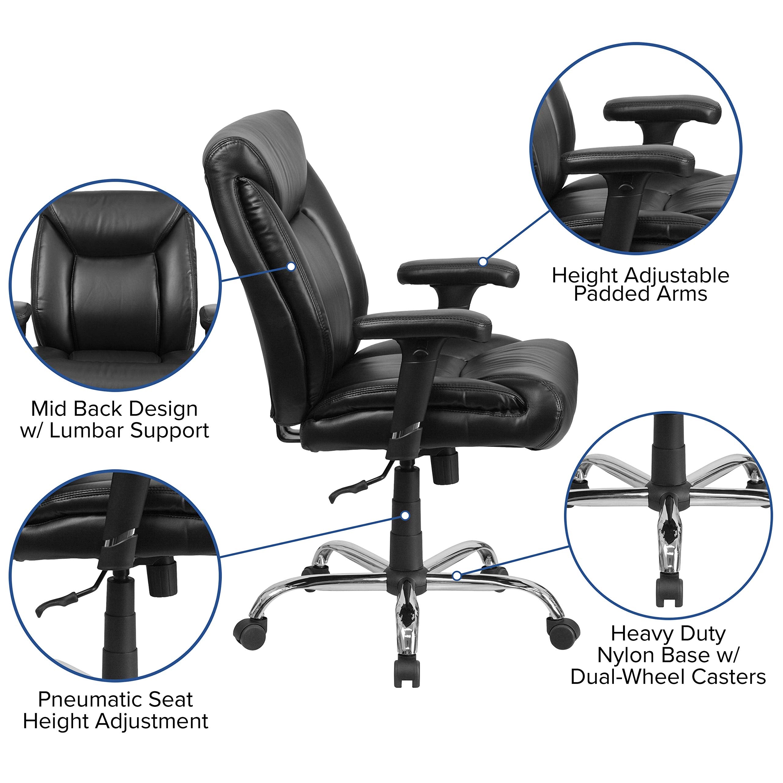 Flash Furniture HERCULES Series Big & Tall 400 lb. Rated Black LeatherSoft Deep Tufted Ergonomic Task Office Chair with Adjustable Arms