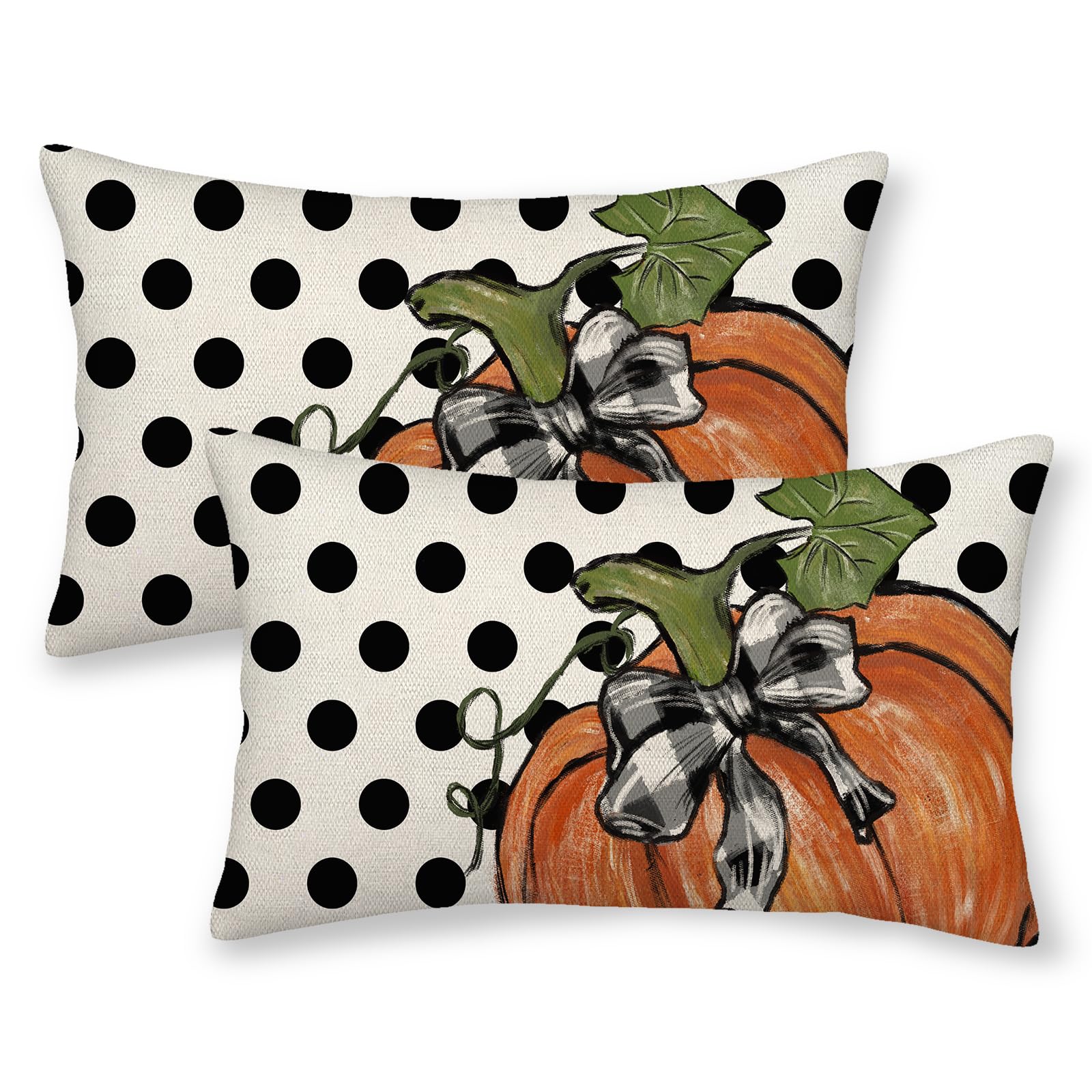 Qanok Fall Pillow Covers 12X20 Set Of 2, Fall Decor Polka Dot Pumpkin Throw Pillows Seasonal Outdoor Autumn Thanksgiving Decorat