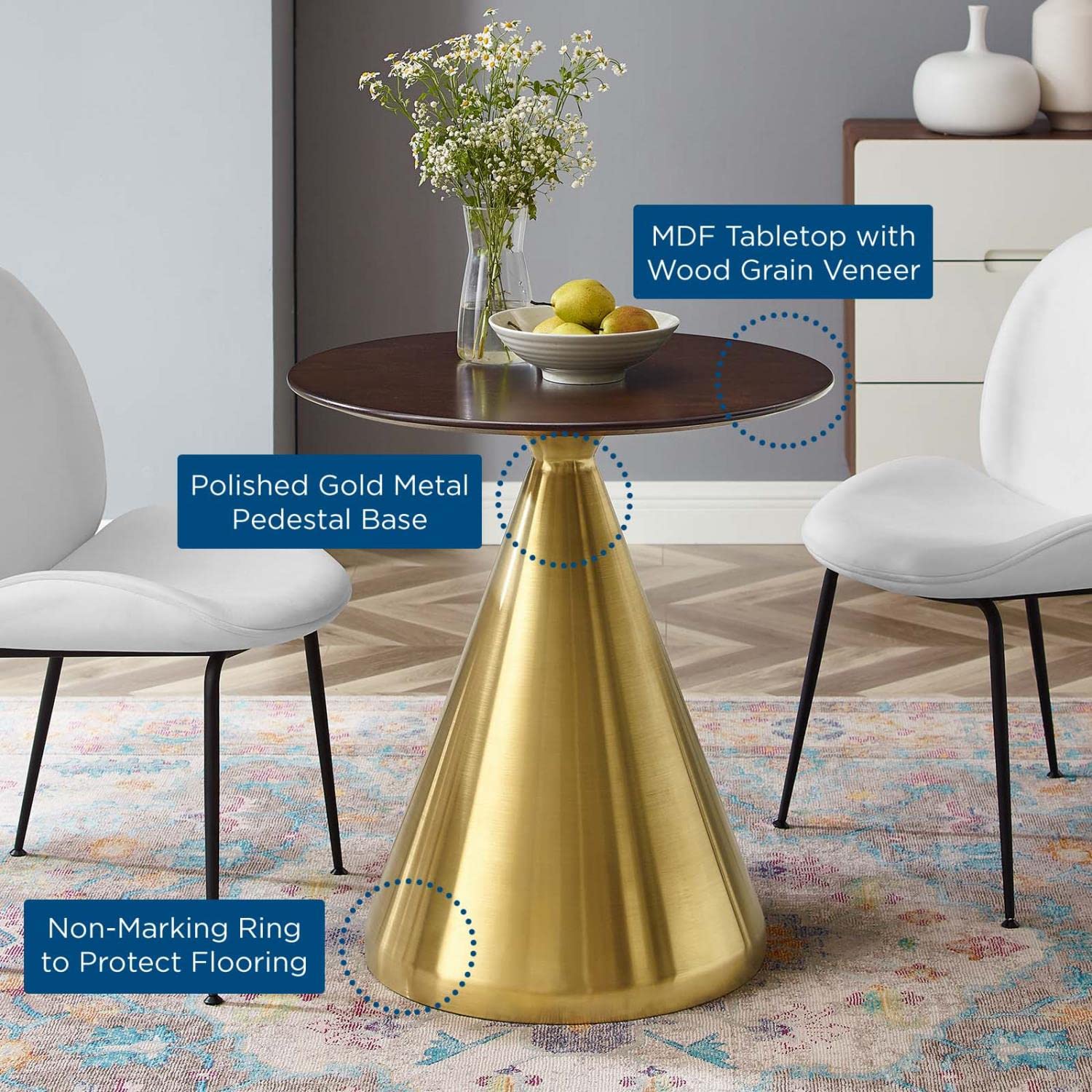 Modway Tupelo Round Wood Grain 28&quot; Dining Table in Gold Cherry Walnut