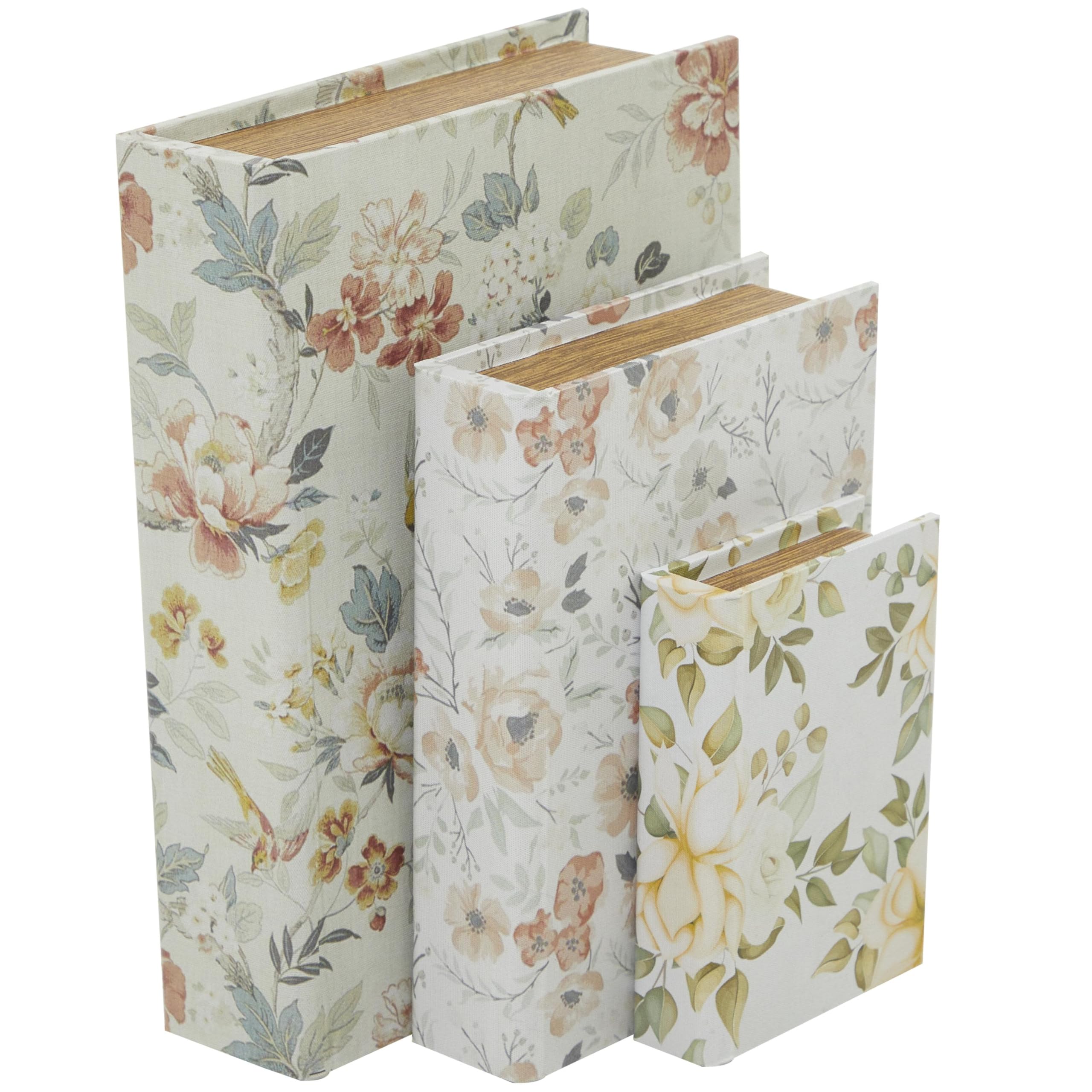 Deco 79 Canvas Decorative Box Faux Storage Book Book Shaped Boxes with Pink and Blue Floral Patterns, Set of 3 Decorative Keepsa