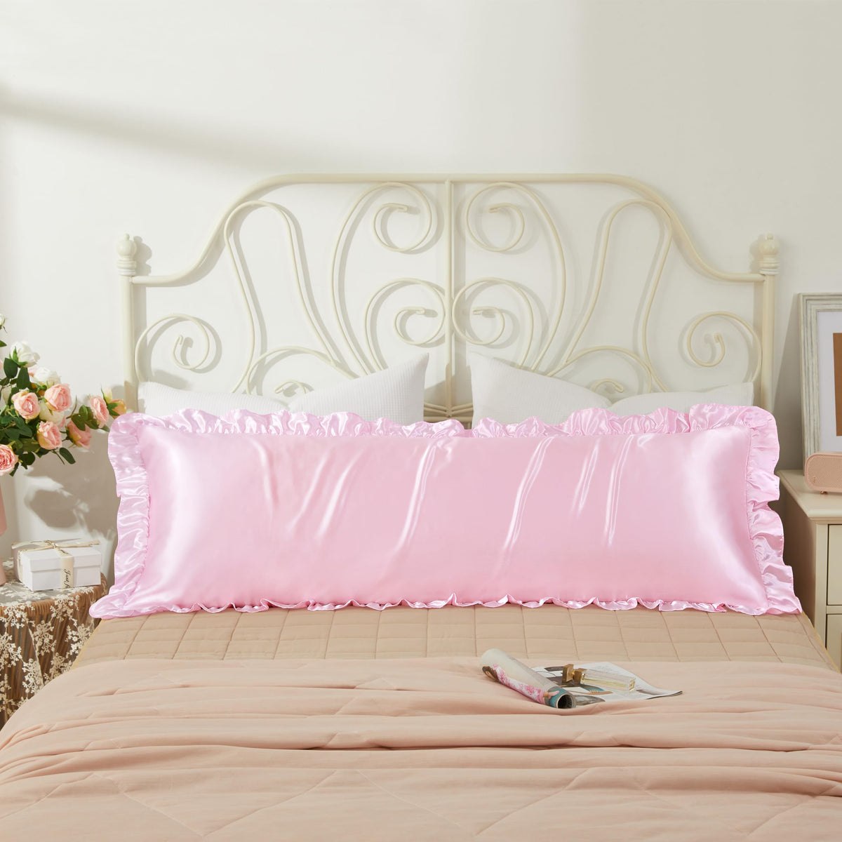 Hommxjf Silky Satin Pink Ruffled Pillow Cases For Hair And Skin,Pink Satin Pillowcases With Envelope Closure Princess Room Decor