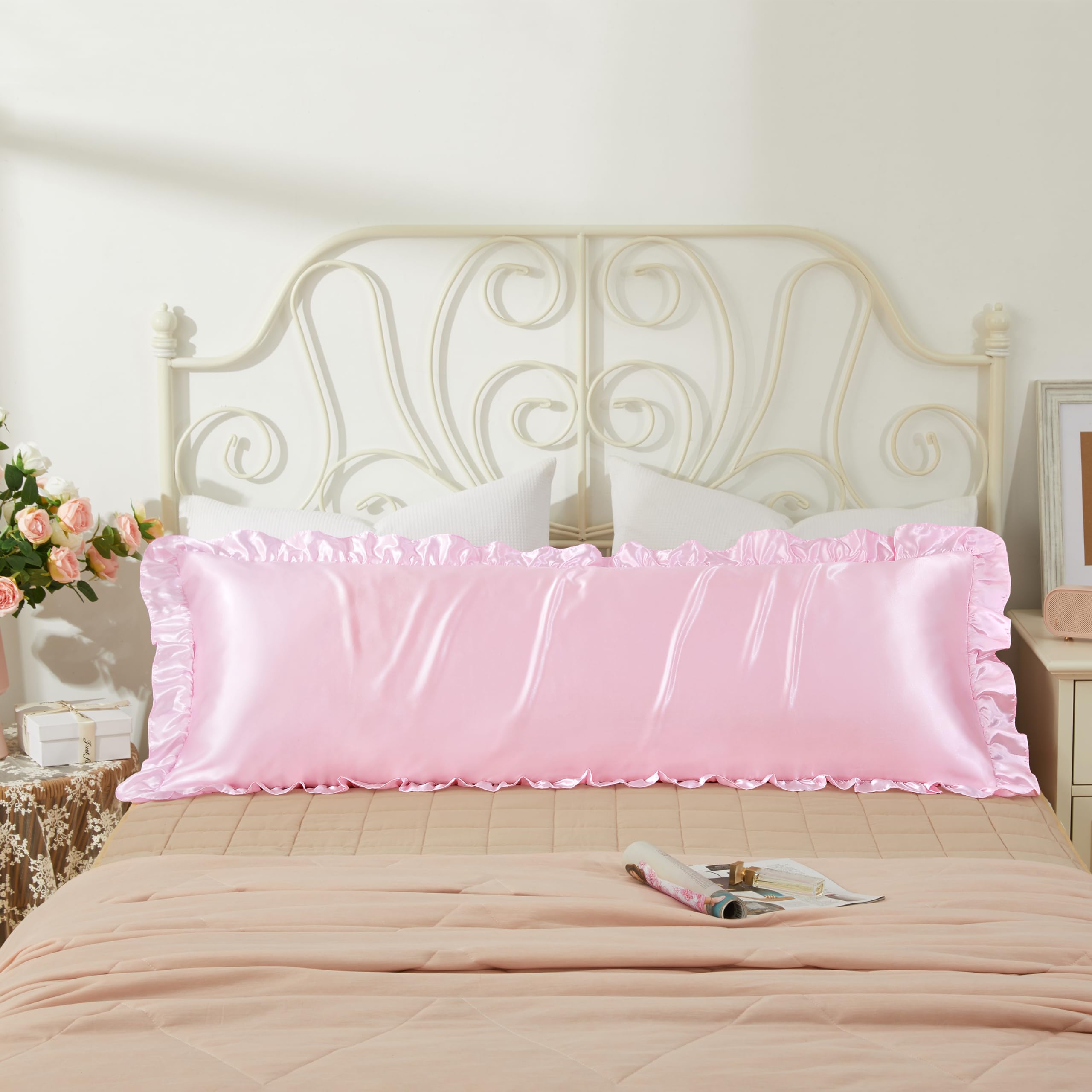 Hommxjf Silky Satin Pink Ruffled Pillow Cases For Hair And Skin,Pink Satin Pillowcases With Envelope Closure Princess Room Decor