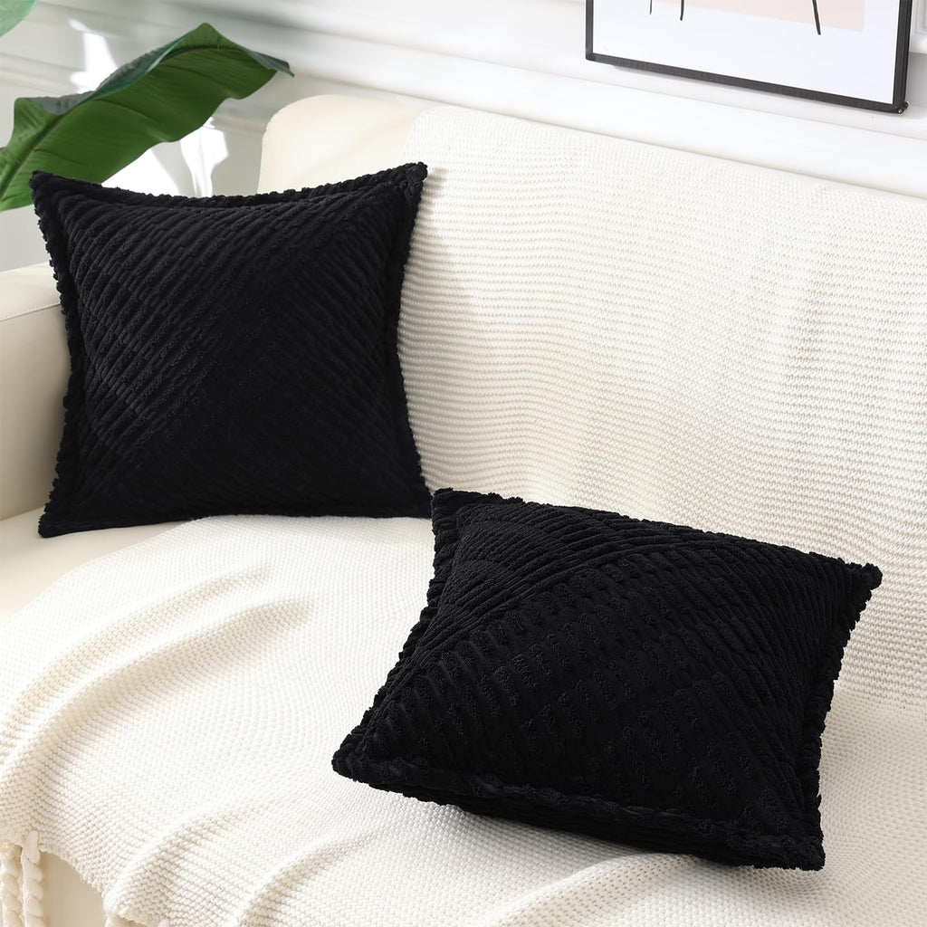Decoruhome Decorative Black Throw Pillow Covers 16X16 Set Of 2 With Splicing, Boho Soft Corduroy Broadside Twill Pillow Covers F