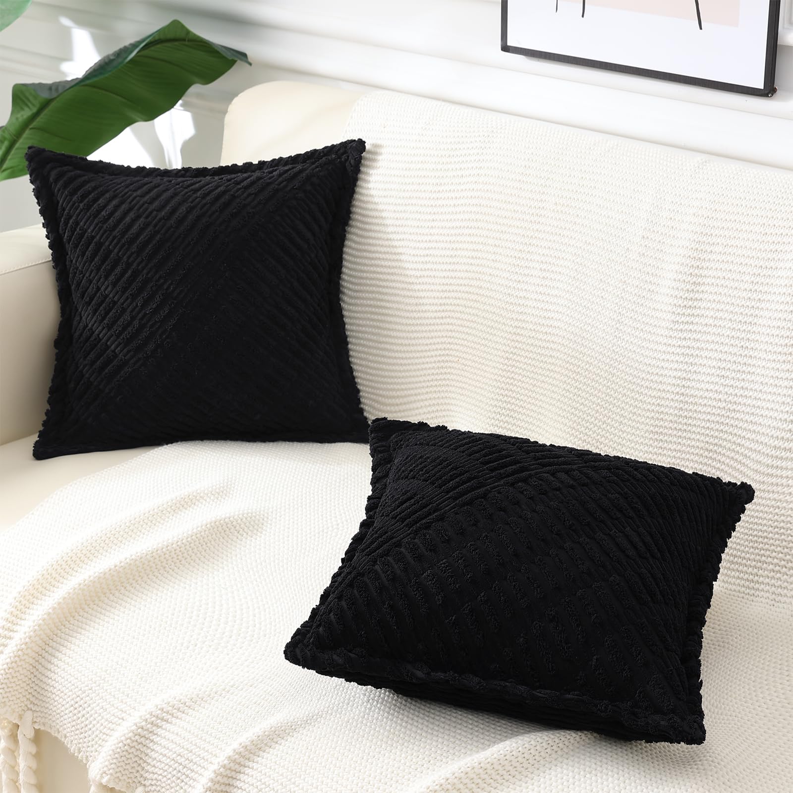 Decoruhome Decorative Black Throw Pillow Covers 16X16 Set Of 2 With Splicing, Boho Soft Corduroy Broadside Twill Pillow Covers F