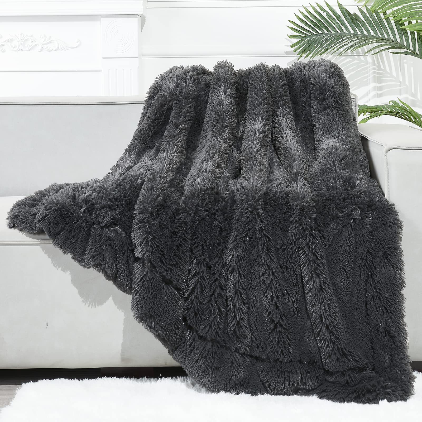 Gonaap Fuzzy Faux Fur Throw Blanket Dark Grey Super Soft Cozy Plush Fuzzy Shaggy Blanket For Couch Sofa Bed (Dark Grey, Throw(50