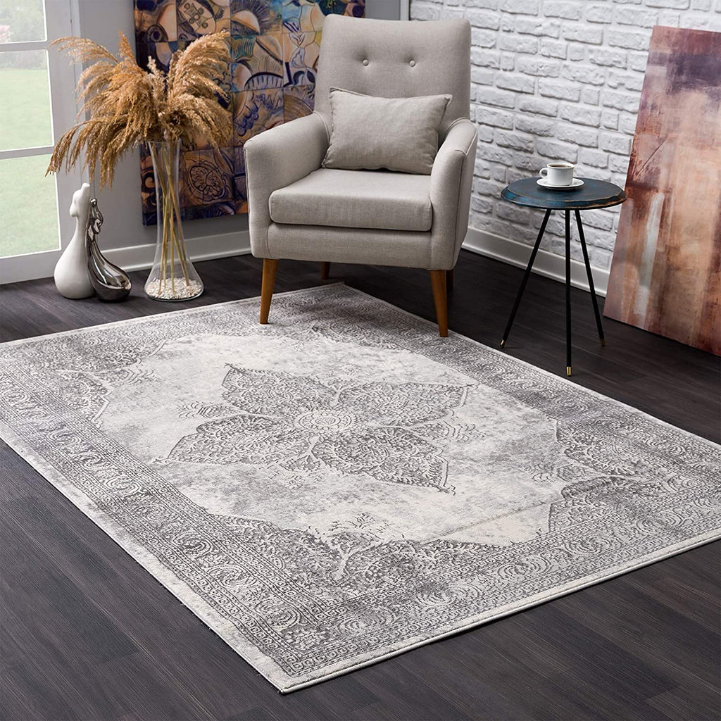 HomeRoots Grey 100% Polypropylene 2’ x 4’ Gray Distressed Medallion Area Rug