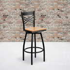 Flash Furniture HERCULES Series Black ''X'' Back Swivel Metal Barstool - Natural Wood Seat
