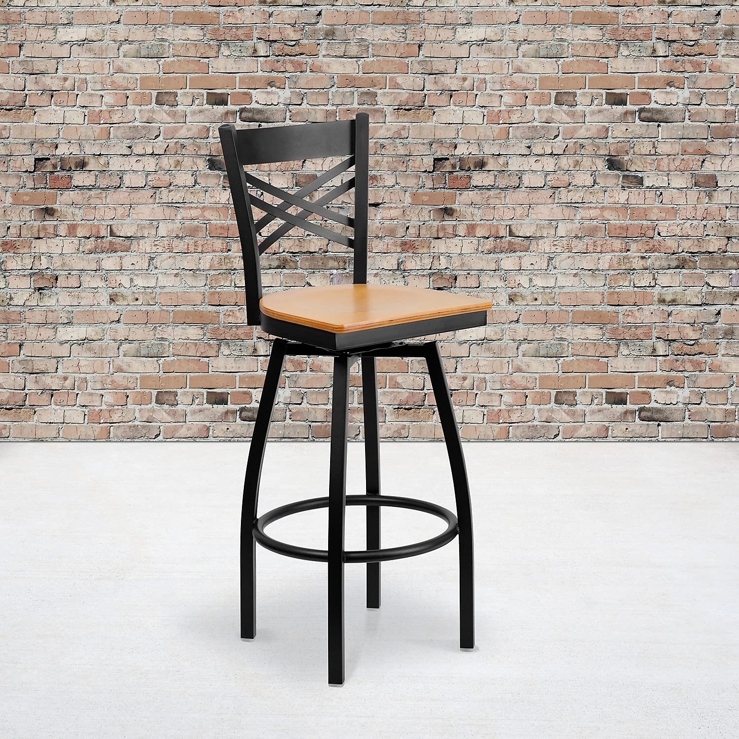 Flash Furniture HERCULES Series Black ''X'' Back Swivel Metal Barstool - Natural Wood Seat