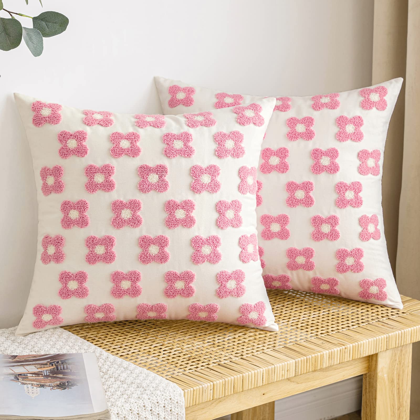 Emema Decorative Throw Pillow Covers Daisy Sun Flower Jacquard Pillowcase Cushion Case Square For Couch Sofa Bed Living Room Bedroom Set Of 2, 16X16 Inch, Pink And White