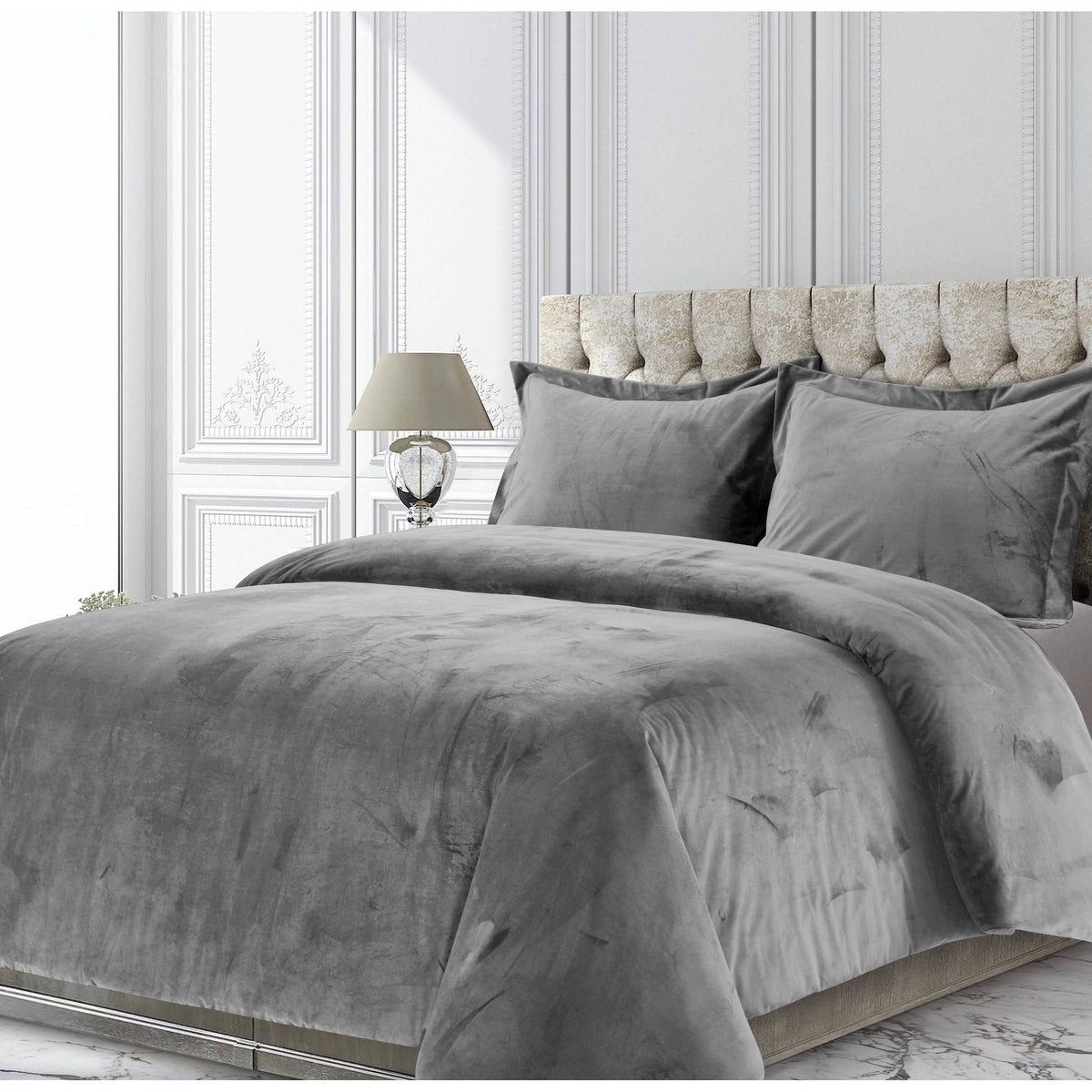 Tribeca Living Veniceduvet Venice Velvet Oversized Solid Duvet Set, Queen, Smoke Grey