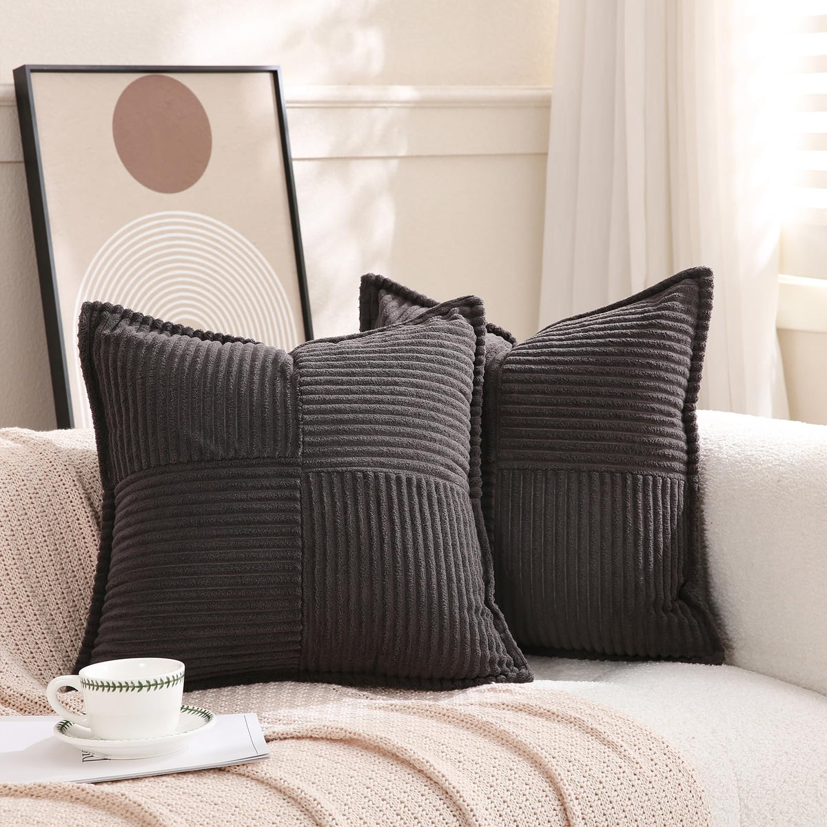Puncuntex Corduroy Throw Pillow Covers Set Of 2 Boho Decorative Dark Grey 16  16 Inch,Super Soft Pillowcase Cozy Striped Texture
