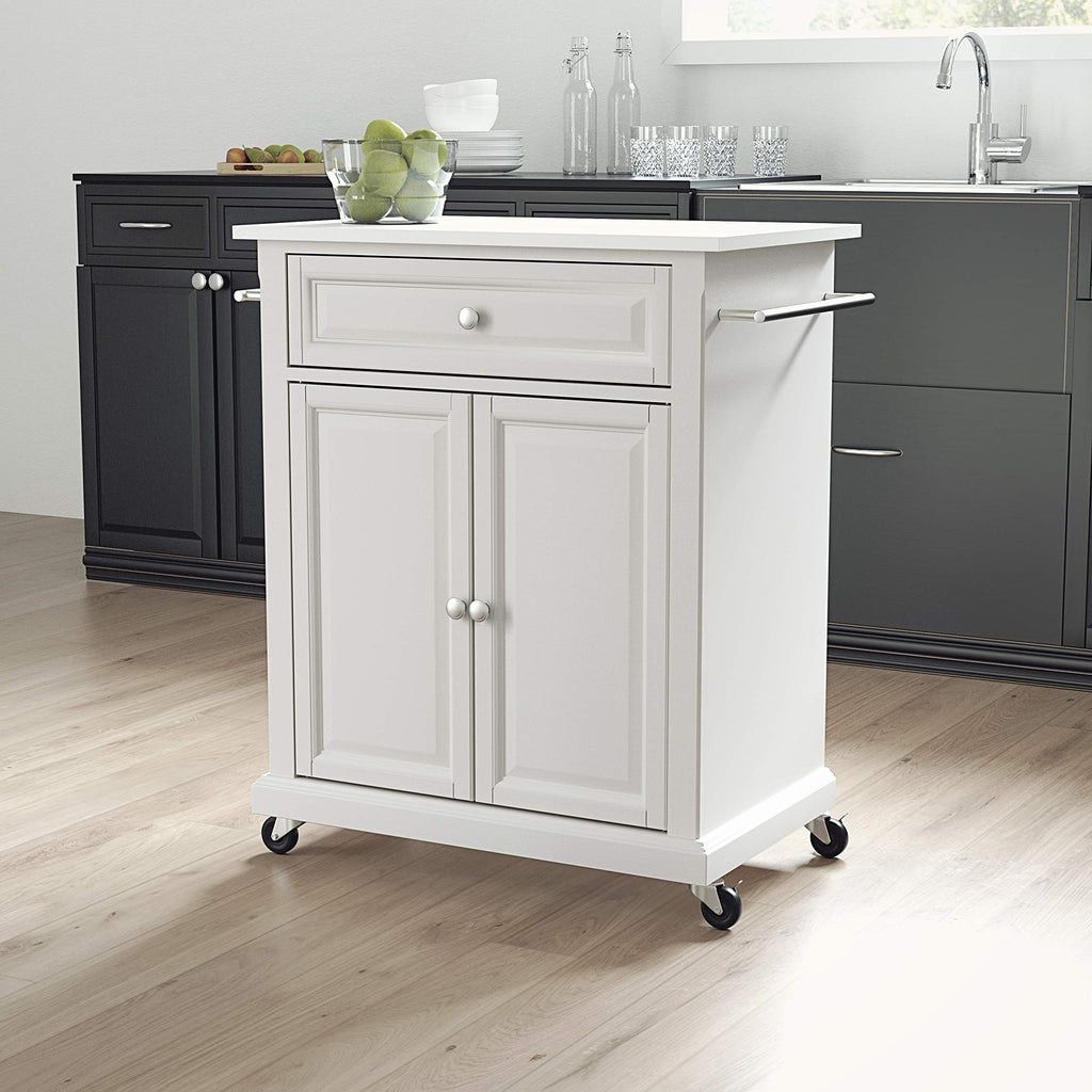 Crosley Furniture Compact Stone Top Small Rolling Cart With Shelves, Microwave Stand With Towel Rack, White