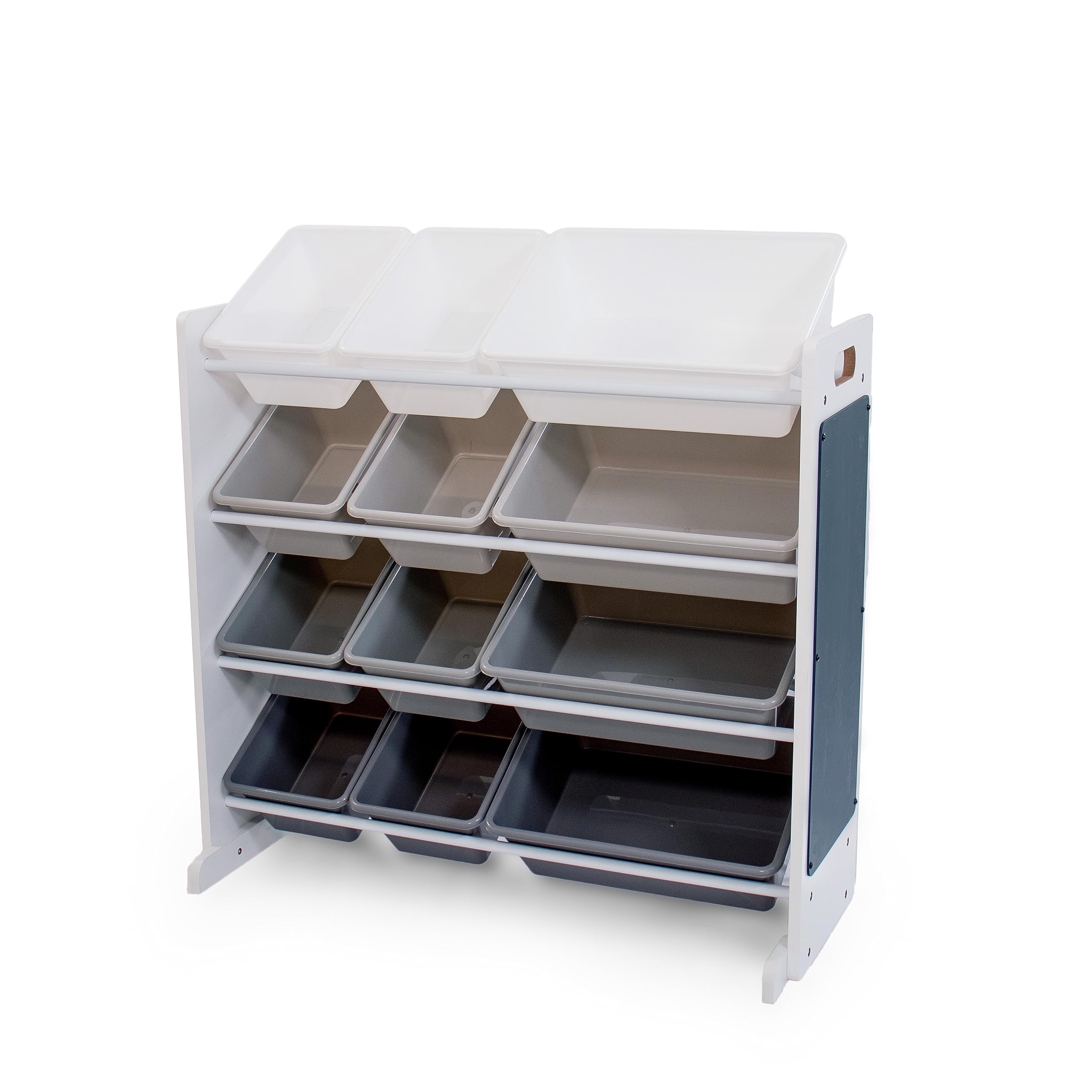 12-Bin Toy Organizer - White/Grey Gradient Ombre Frame with Chalkboard, Eraser & Chalk, Multi-Tier Storage for Kids Playrooms a