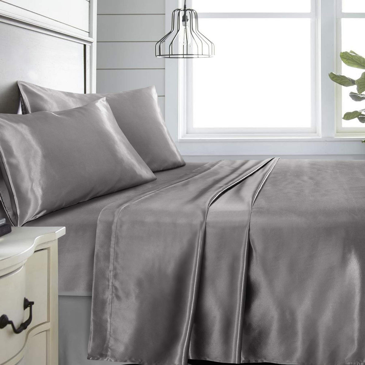 Niagara Full Grey Bed Sheet Set 4 Pieces Silky Smooth Bridal Satin Deep Pocket Fitted, Flat, 2 Pillow Cases Wrinkle Stain, Fade