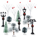 14 Pcs Christmas Accessories Village Figurine Miniature Pine Trees Snow Artificial Christmas Trees Bare Branch Trees Street Ligh
