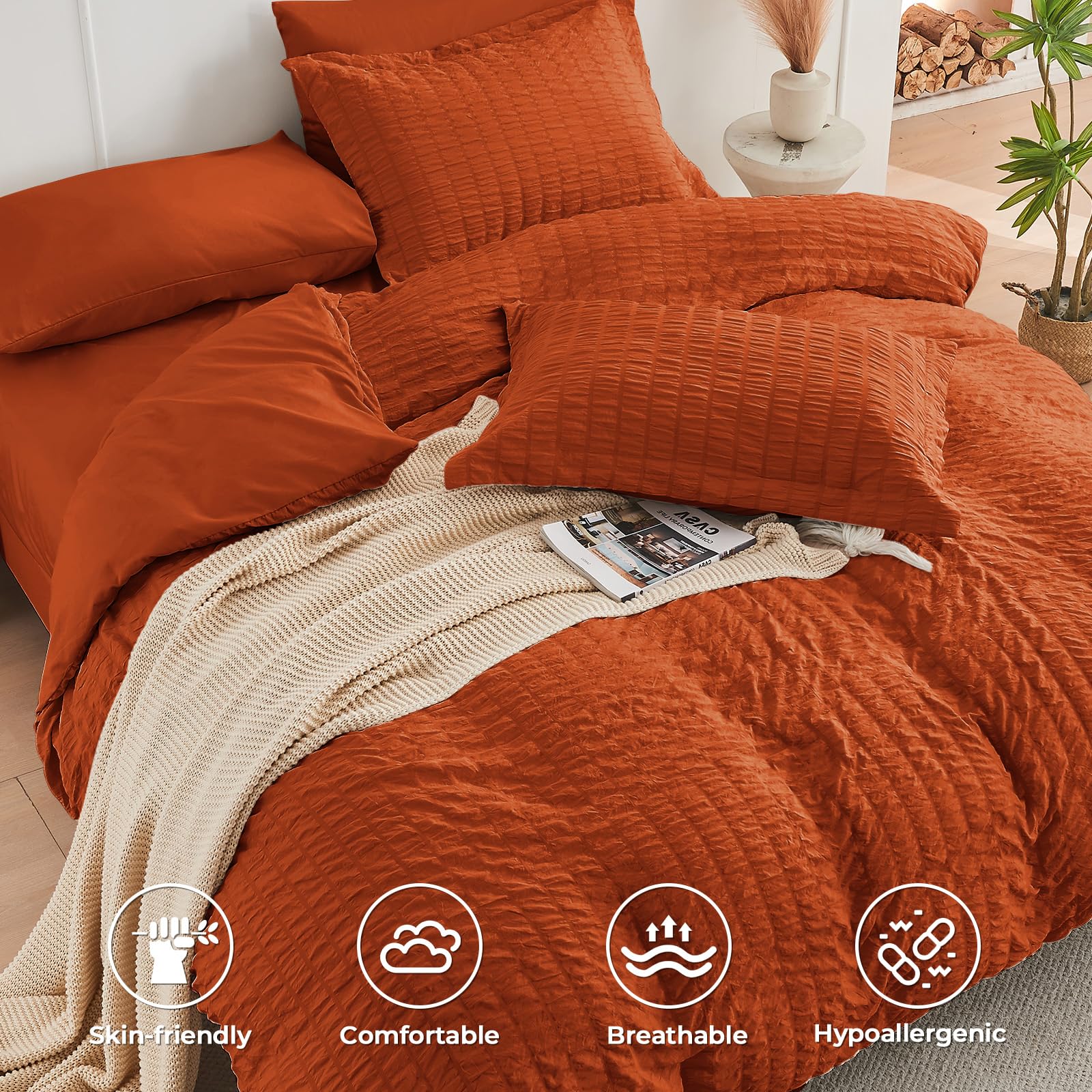 Hymokege Burnt Orange Twin Comforter Set Seersucker 5 Pieces, All Season Luxury Bed In A Bag For Bedroom, Bedding Set With Comfo