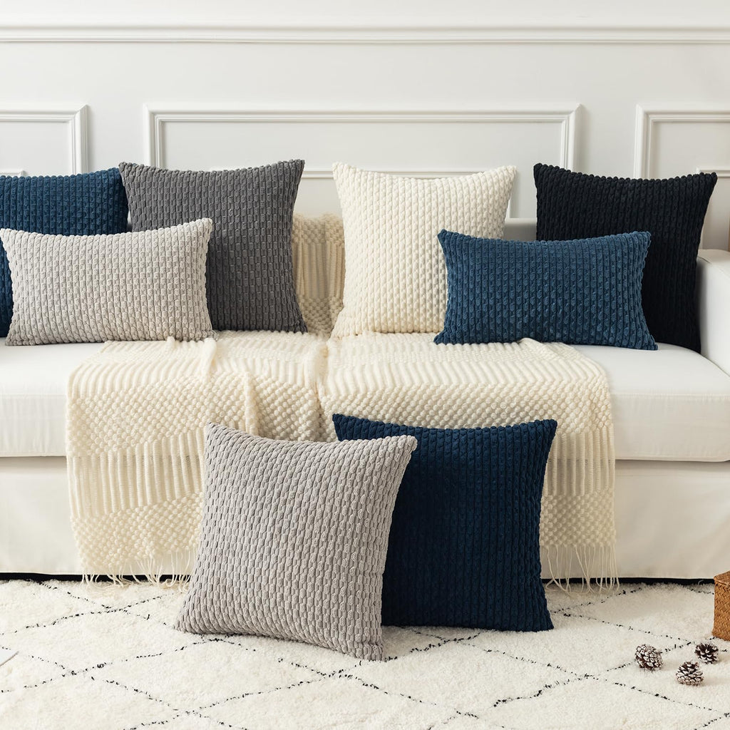 Kevin Textile Pack Of 2 Blue Corduroy Decorative Throw Pillow Covers 16X16 Inch Soft Boho Striped Pillow Covers Modern Farmhouse Home Decor For Autumn Sofa Living Room Couch Bed