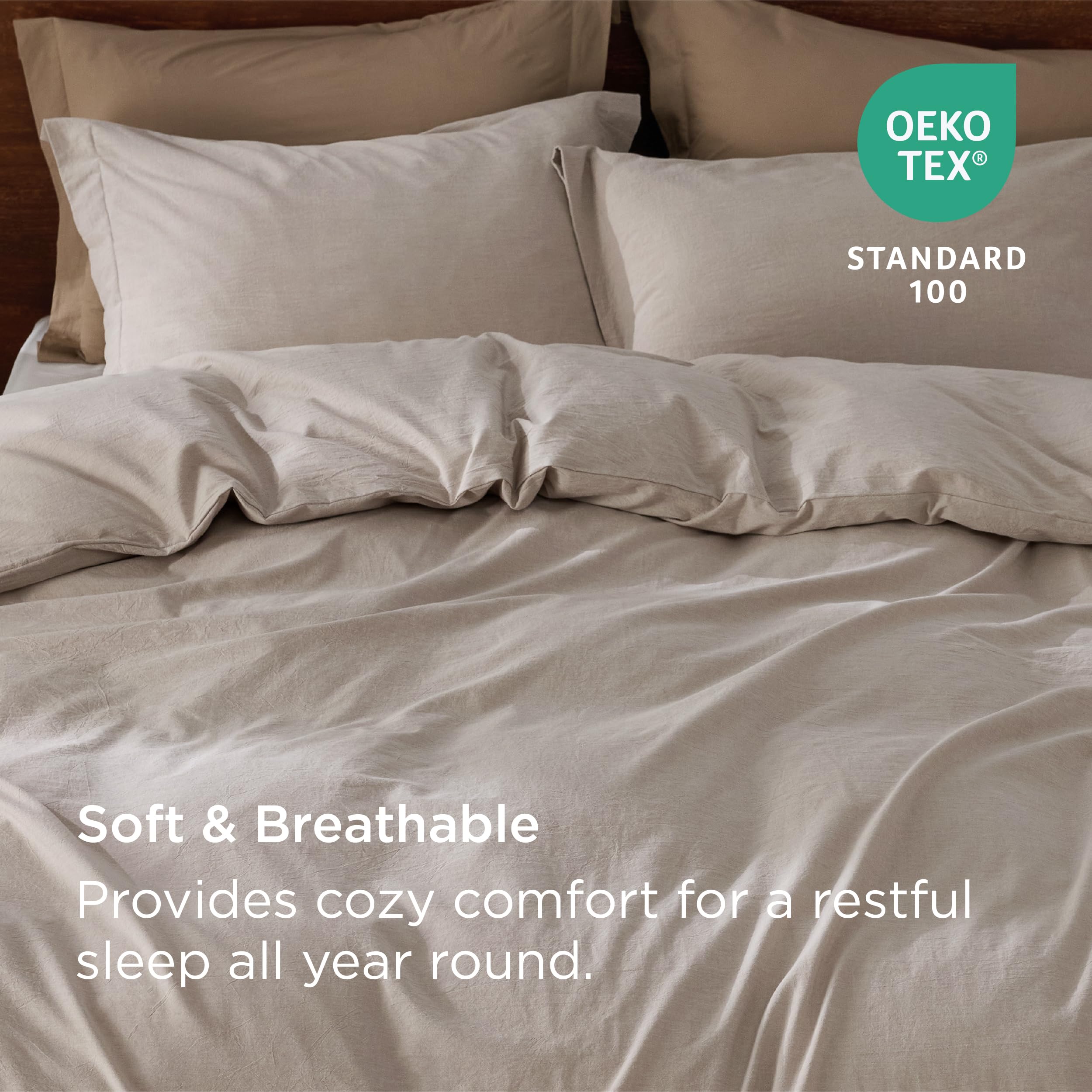 Bedsure 100% Washed Cotton Duvet Cover King Size - Linen Grey Minimalist Cotton Duvet Cover Set Linen Like - Gentlesoft™ Plain Simple Bedding Set With 2 Pillow Shams (Linen Grey, King, 104'X90')