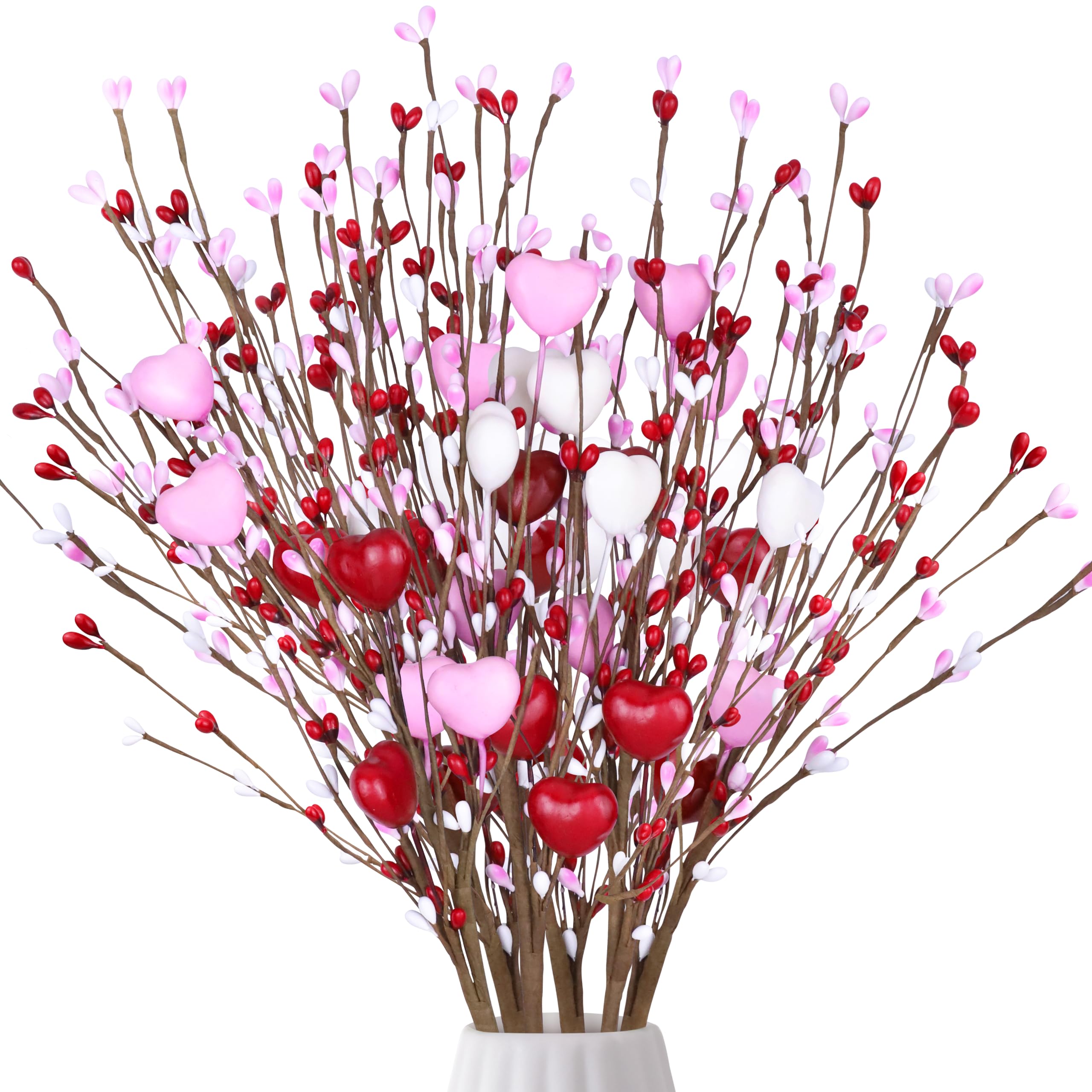 Valentines Day Decorations Artificial Hearts Flowers Berry Stems Gifts, 6 Packs Red Pink White Valentine Heart Shaped Picks for 