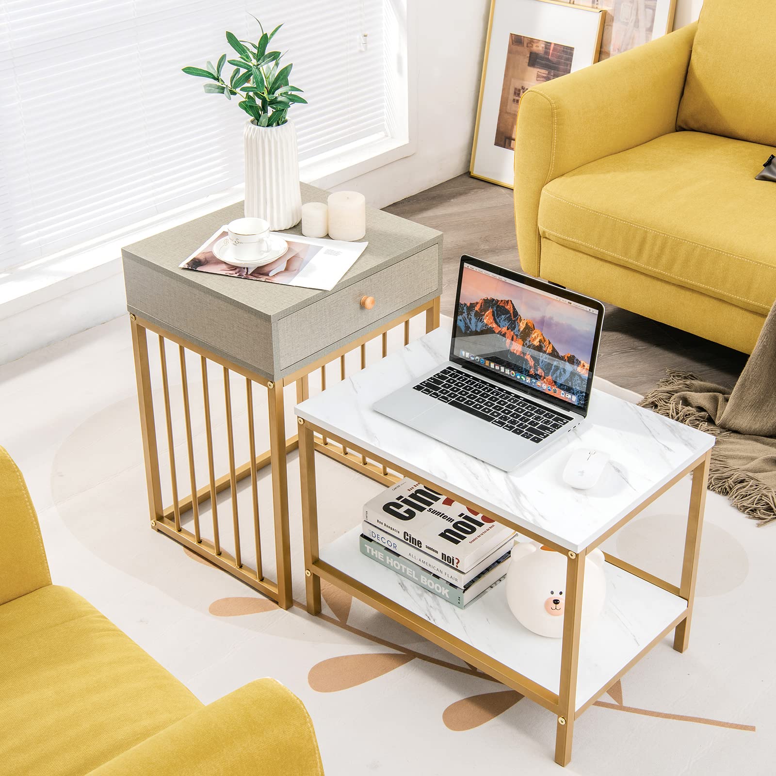 Tangkula Nesting Coffee Table Set Of 2, Rectangular Modern Stacking Accent Cocktail Tables For Living Room, 2 In 1 Space-Saving End Table With Drawer, Sofa Side Tables, Faux Marble Top