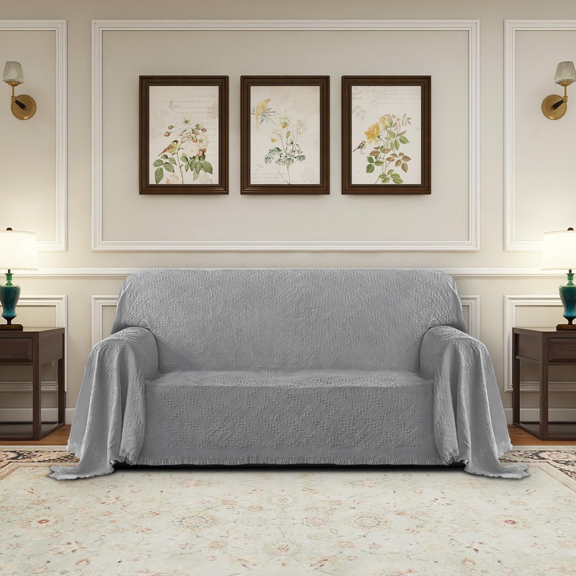 Purefit Geometric Jacquard Throw Sofa Cover - Textured Soft Washable Decorative Couch Covers For 3 Cushion Couch, Throw Cover With Tassels Furniture Protector For Pets, Kids (Medium, Light Gray)