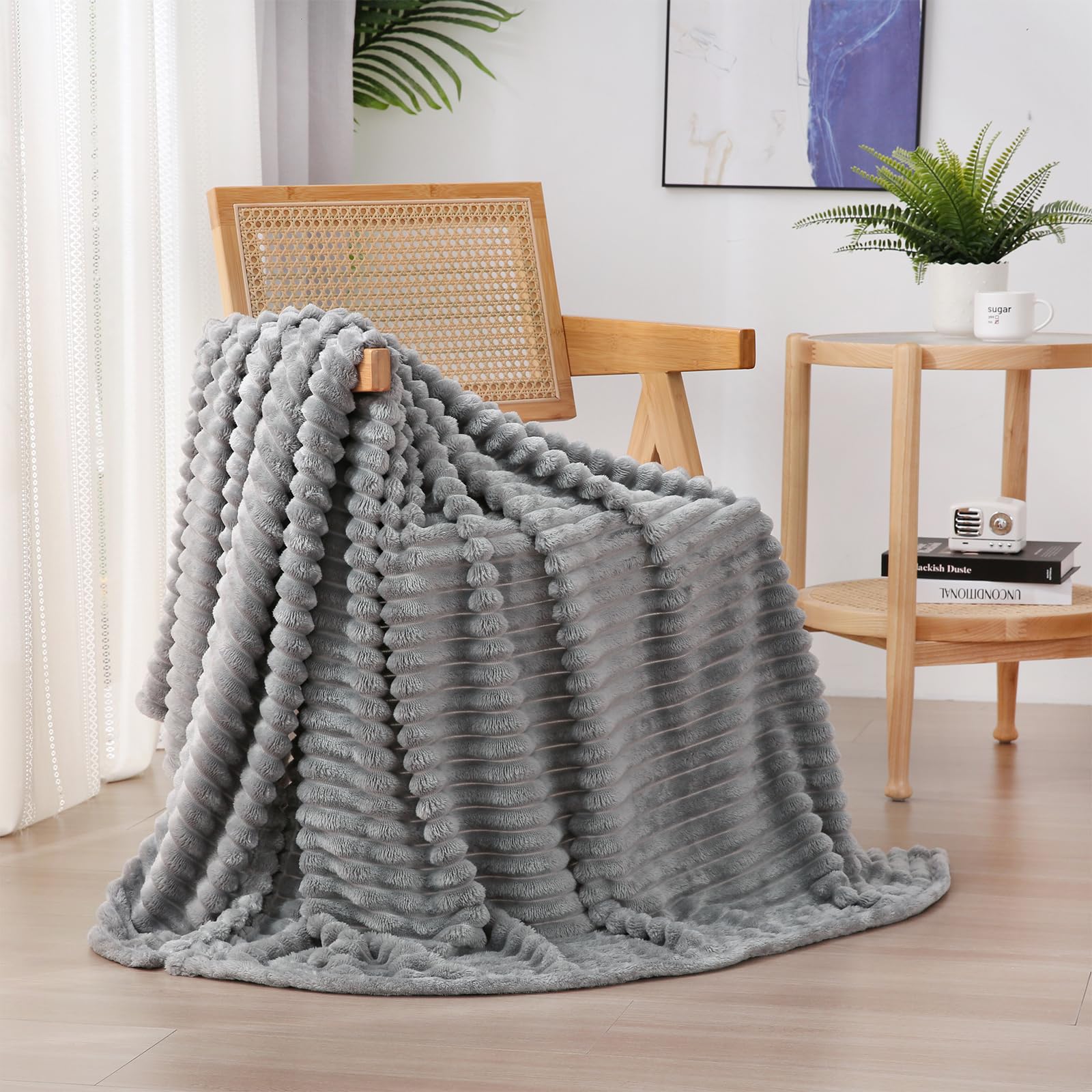 Linecooo Grey Fleece Throw Blanket 50     60    For Couch Sofa Bed,Super Soft Cozy Plush Microfiber Flannel Blanket With Stripes