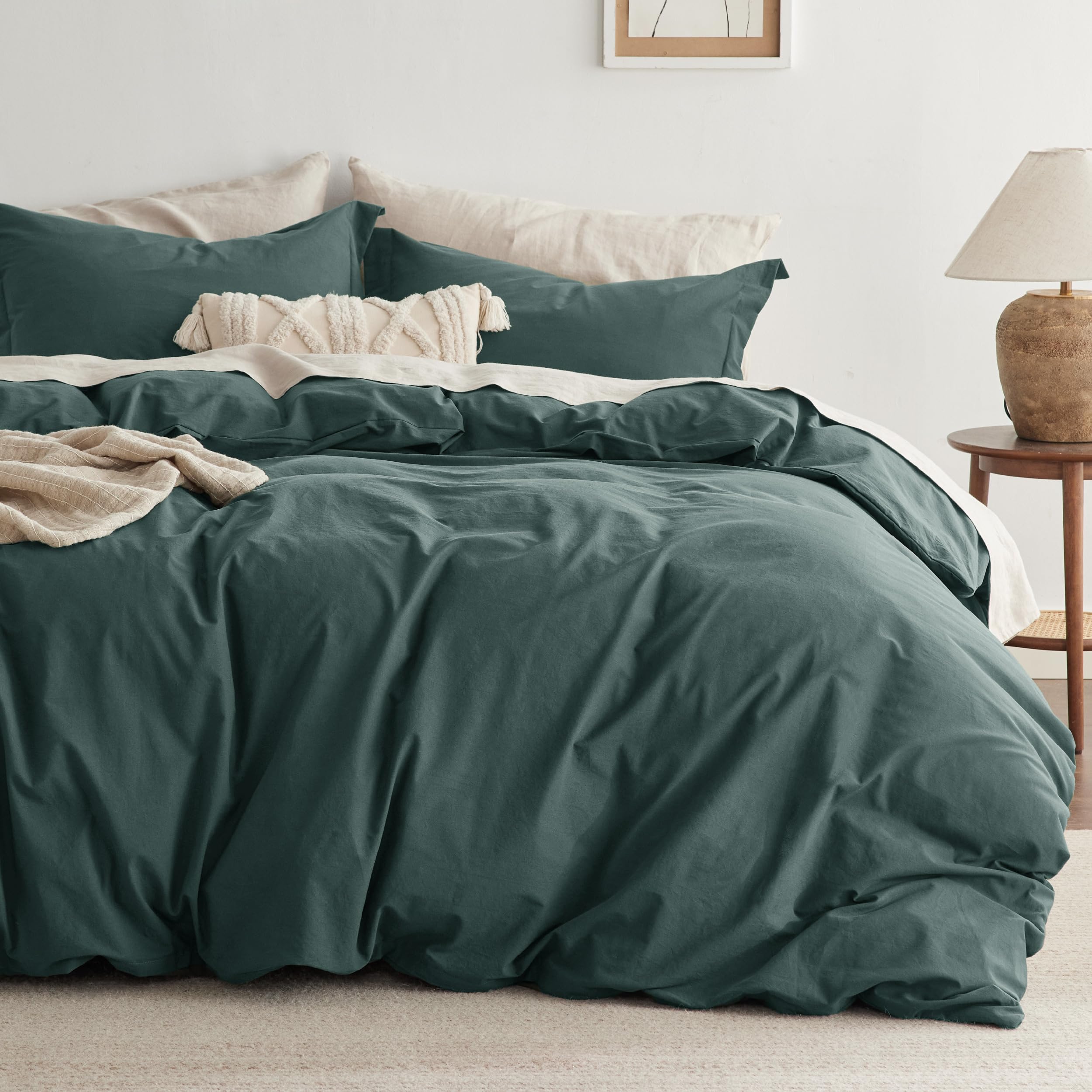 Bedsure 100% Washed Cotton Duvet Cover King Size - Forest Green Minimalist Cotton Duvet Cover Linen Like - Gentlesoft™ Plain Simple Bedding Set With 2 Pillow Shams (Forest Green, King, 104'X90')