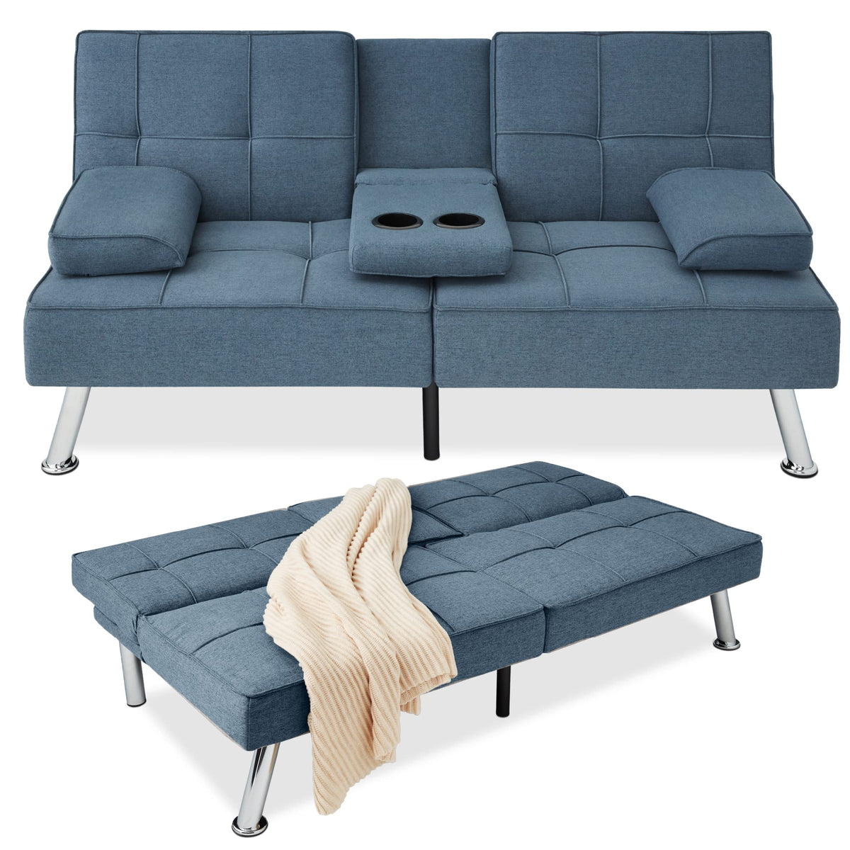 Best Choice Products Linen Modern Folding Futon, Reclining Sofa Bed for Apartment, Dorm w/Removable Armrests, 2 Cupholders - Blu