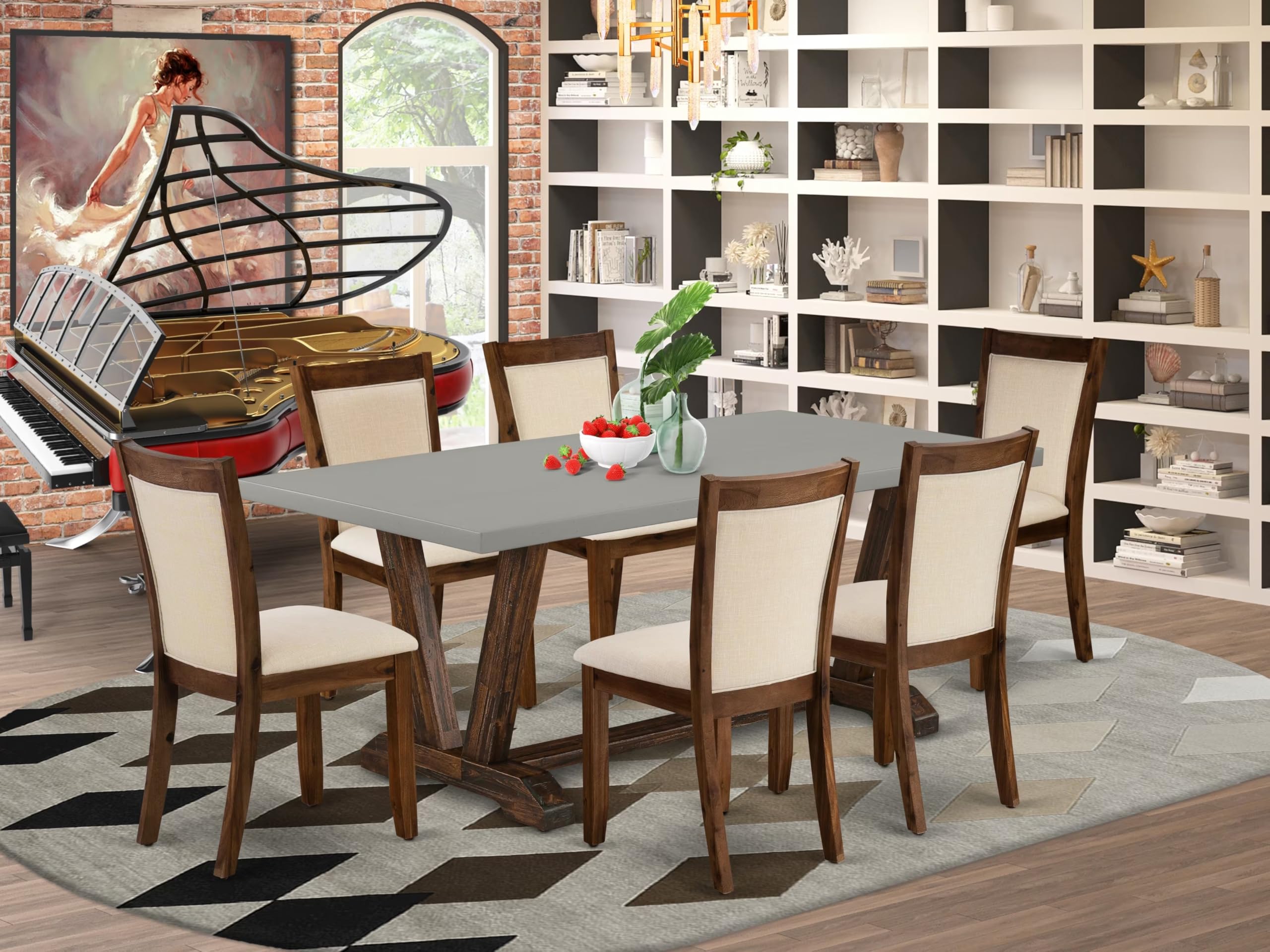 East West Furniture V797Mzn32-7 7 Piece Modern Dining Table Set Consist Of A Rectangle Wooden Table With V-Legs And 6 Light Beige Linen Fabric Parsons Dining Chairs, 40X72 Inch, Multi-Color