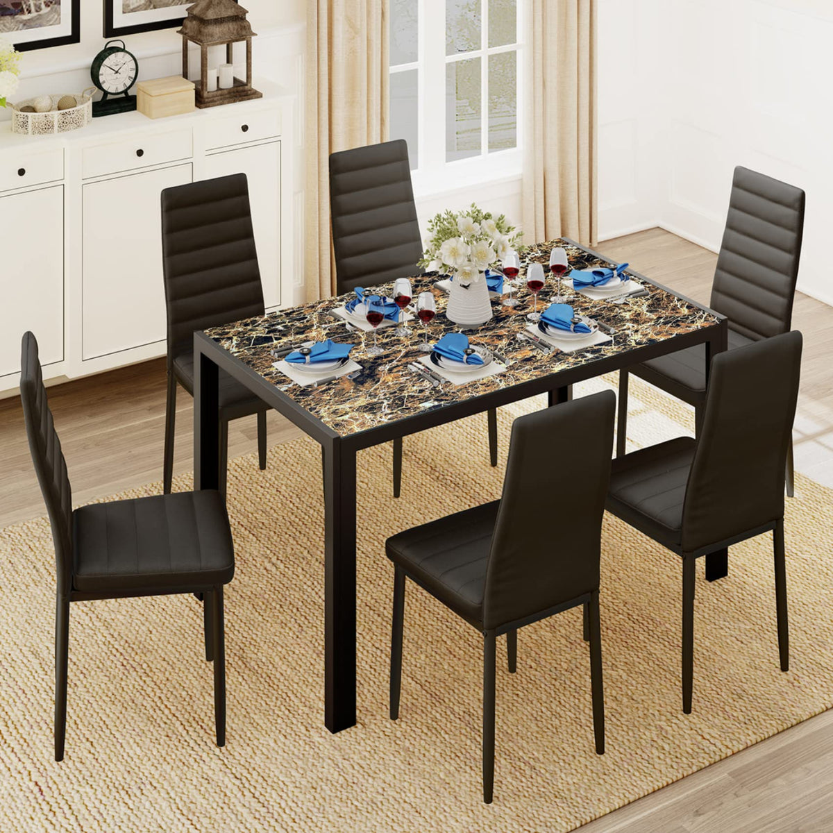 Gizoon Glass Dining Table Sets For 6, 7 Piece Kitchen Table And Chairs Set For 6 Person, Pu Leather Modern Dining Room Sets For