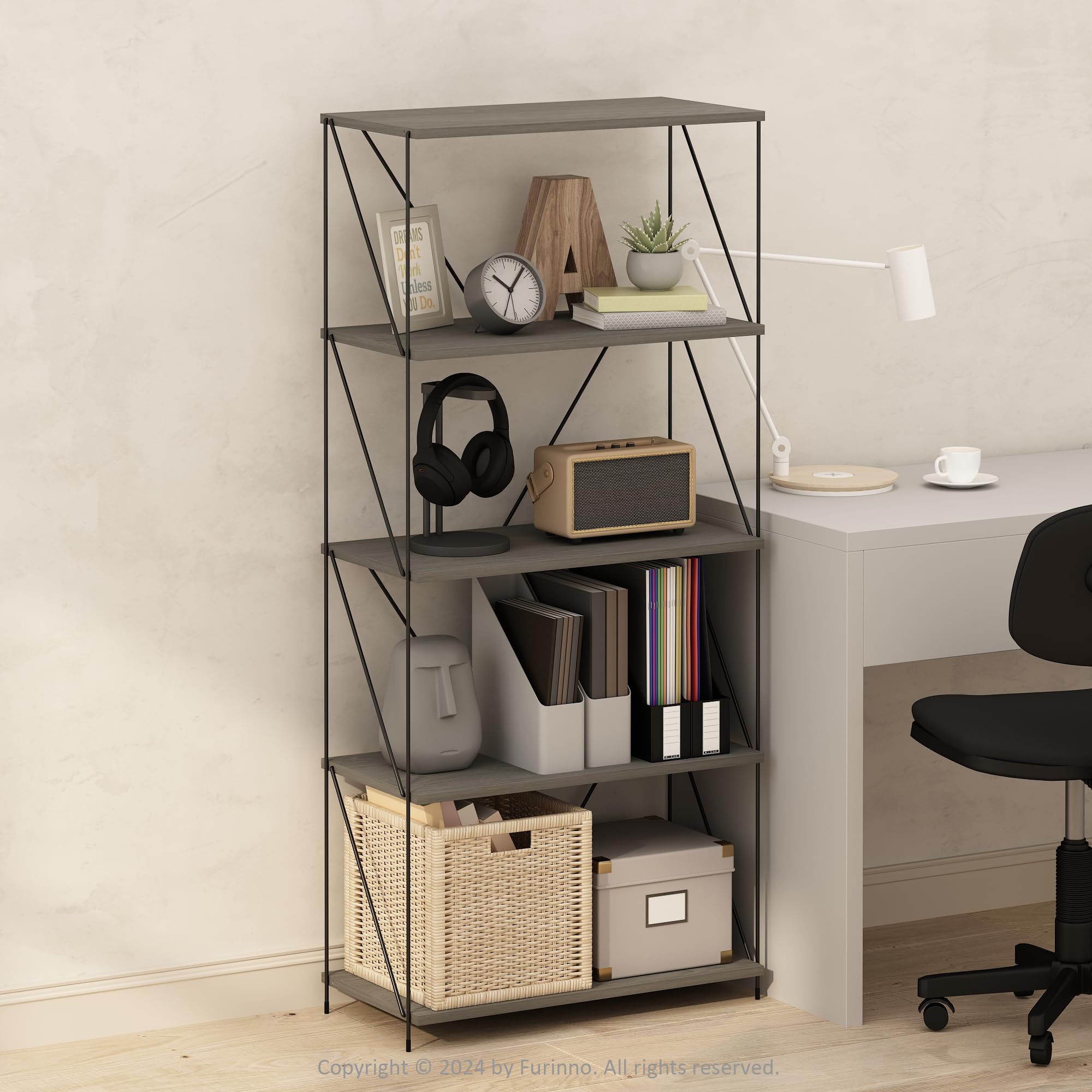Furinno Wire 5-Tier Industrial Style Metal Frame Bookcase, Display Shelf, 24 Wide, Finn Oak