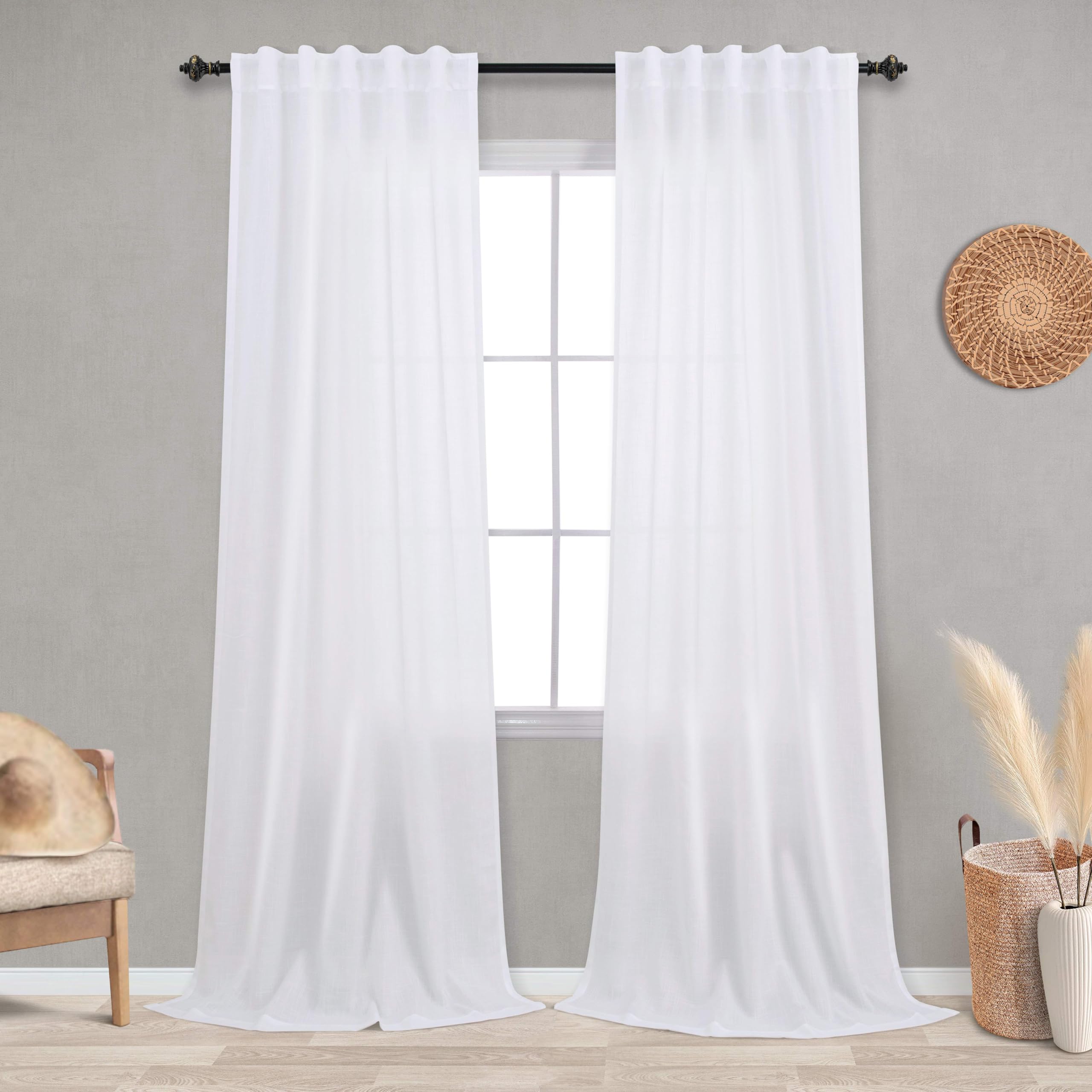 Koufall 42X90 Inch Length White Curtains,Back Tab Rod Pocket Semi Sheer Light Filtering Linen Curtain Drapes For Living Room Bed