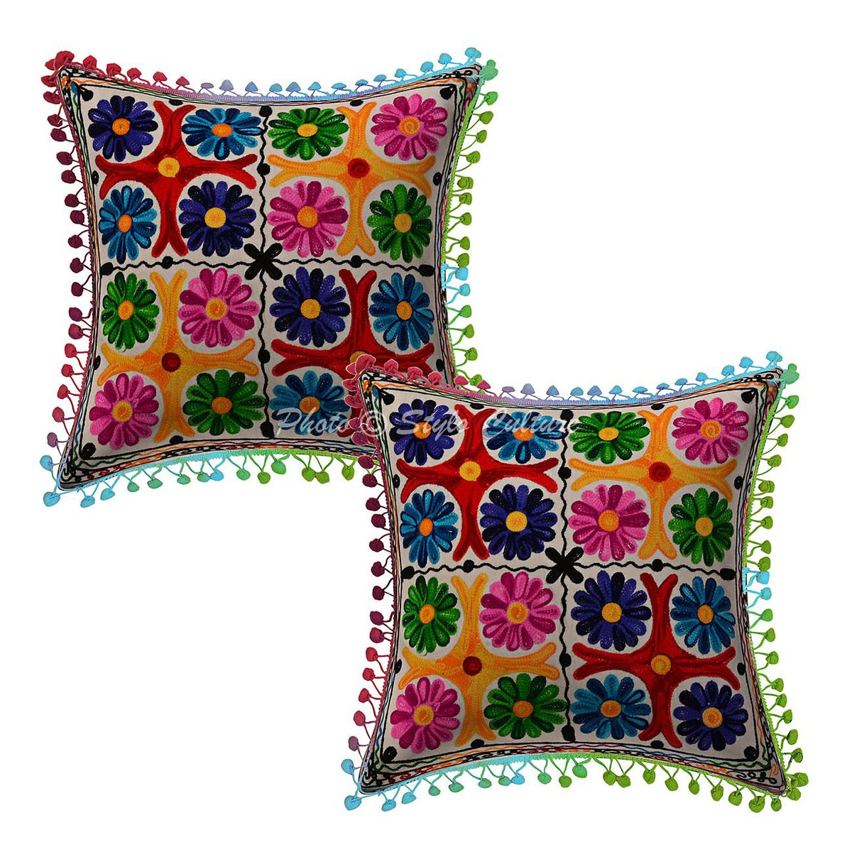 Indian Embroidered Cotton Sofa Cushion Covers Multi Color 16X16 Floral Cushion Coverss