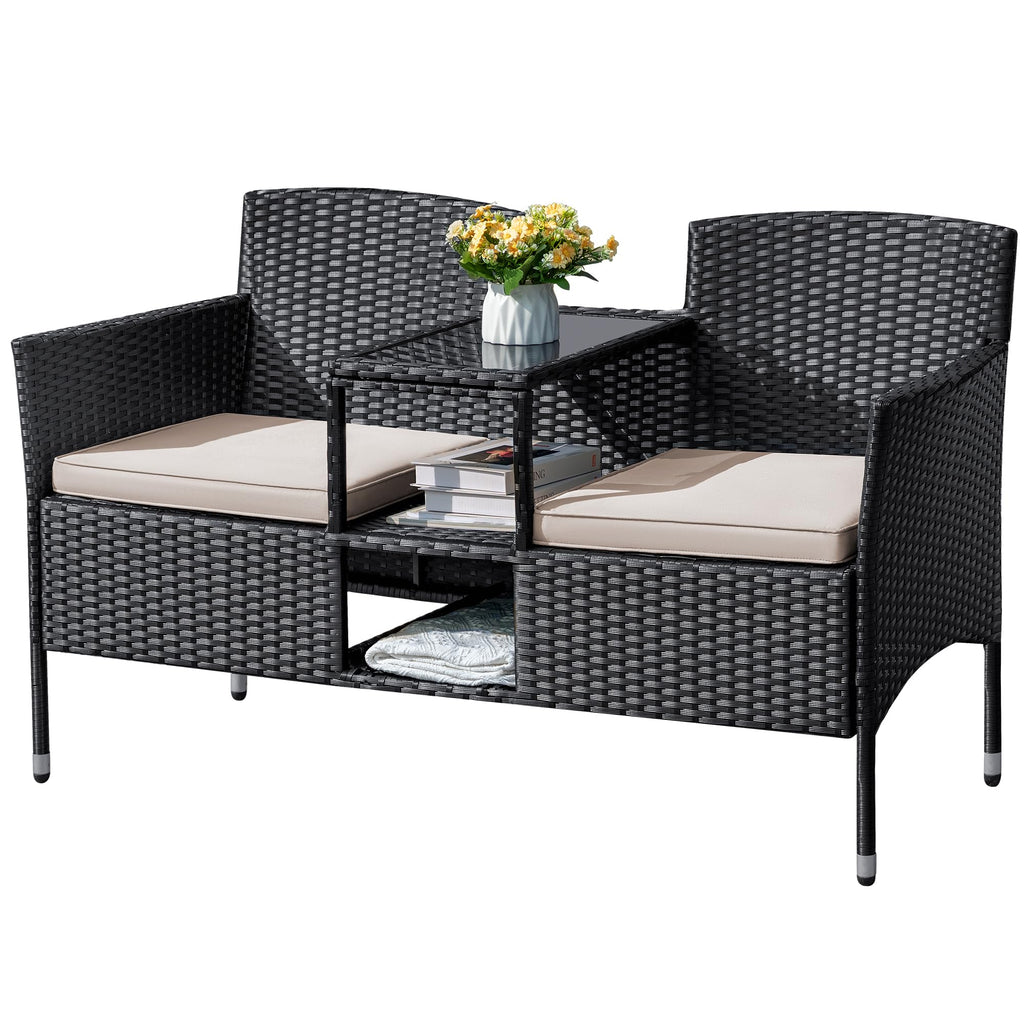 Flamaker Outdoor Furniture Patio Loveseat Wicker 2-Seat With Built-In Table And Cushions Rattan Porch Chairs Bench For Balcony, Lawn, Backyard (Beige)