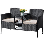 Flamaker Outdoor Furniture Patio Loveseat Wicker 2-Seat With Built-In Table And Cushions Rattan Porch Chairs Bench For Balcony, Lawn, Backyard (Beige)