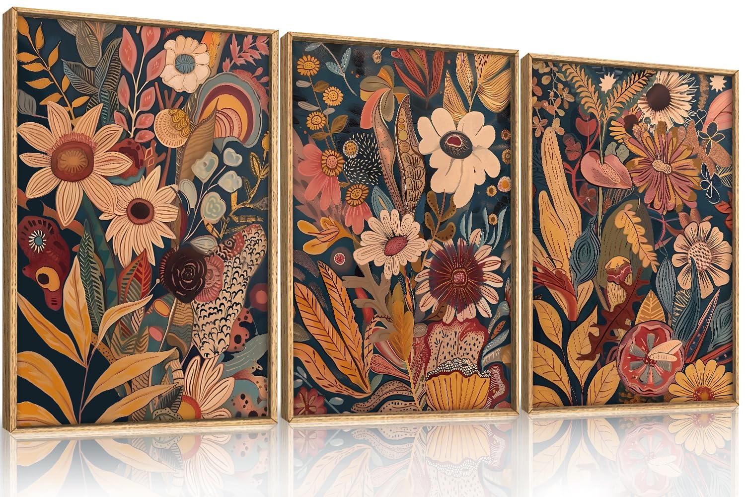 HOURIA Large Retro Floral Framed Canvas Wall Art Set,Boho Flowers Bouquet Wall Decor,Vintage Botanical Wall Painting,Colorful Pl