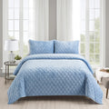 Fredsure Distressed Velvet Quilt Set, 3 Pieces Light Blue King, Distressed Velvet Face And Brushed Microfiber Reverse With Diamo