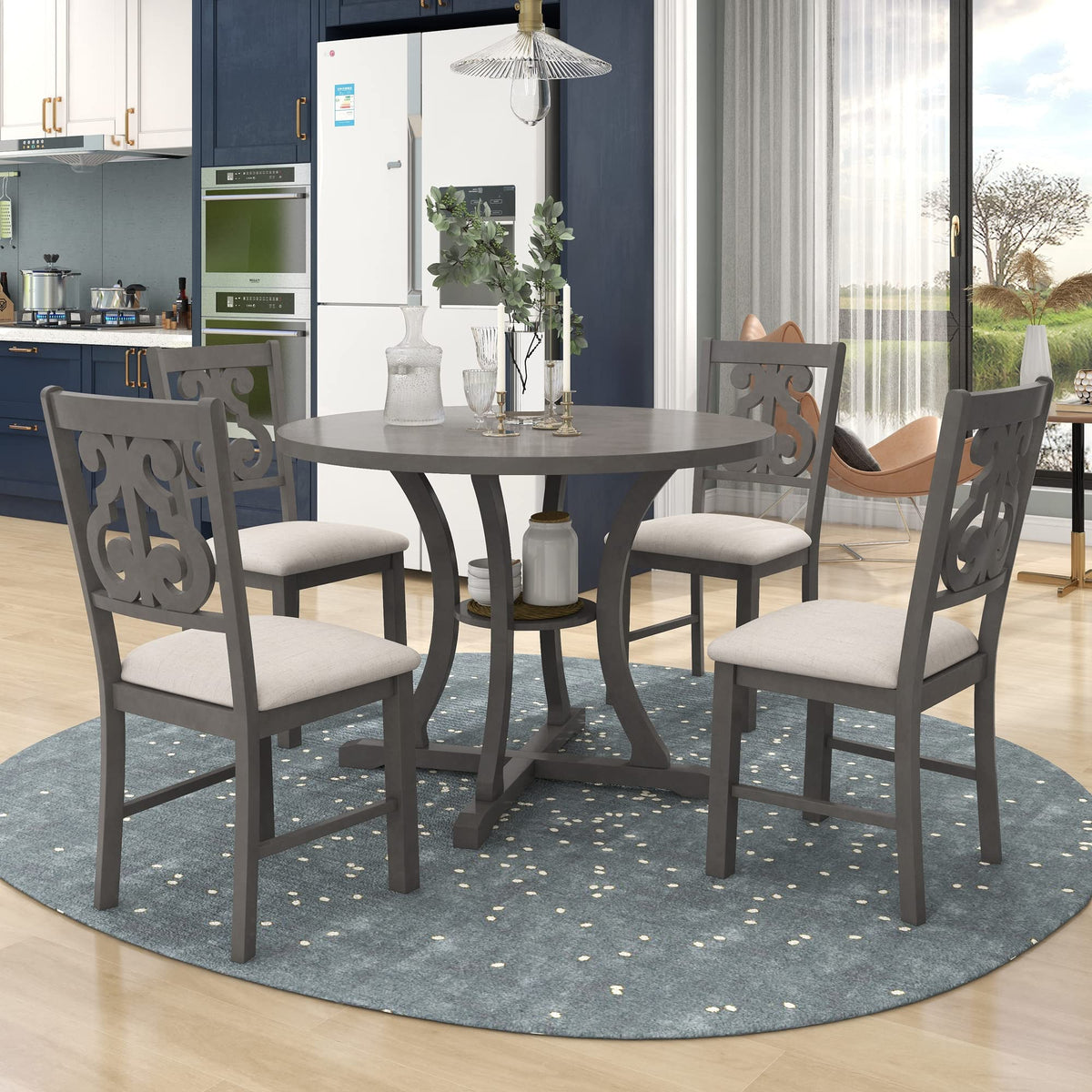 Harper & Bright Designs 5-Piece Round Dining Table And Chair Set, Round Dining Table With Shelf, Wood Dining Table Set For Famil