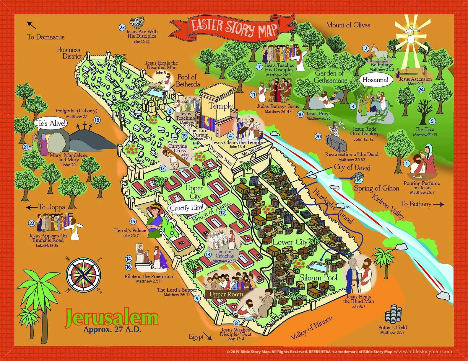 Jerusalem Map Poster With Easter Story Events Of Jesus' Last Week - 17    X 22    - Christian History & Art For Home Homeschool