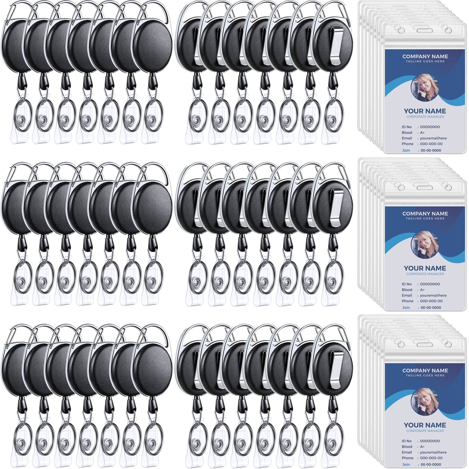 60 Pack Heavy Duty Retractable Badge Holder Reel With Belt Clip Key Ring And 60 Pack Waterproof Vertical Id Card Holders For Id