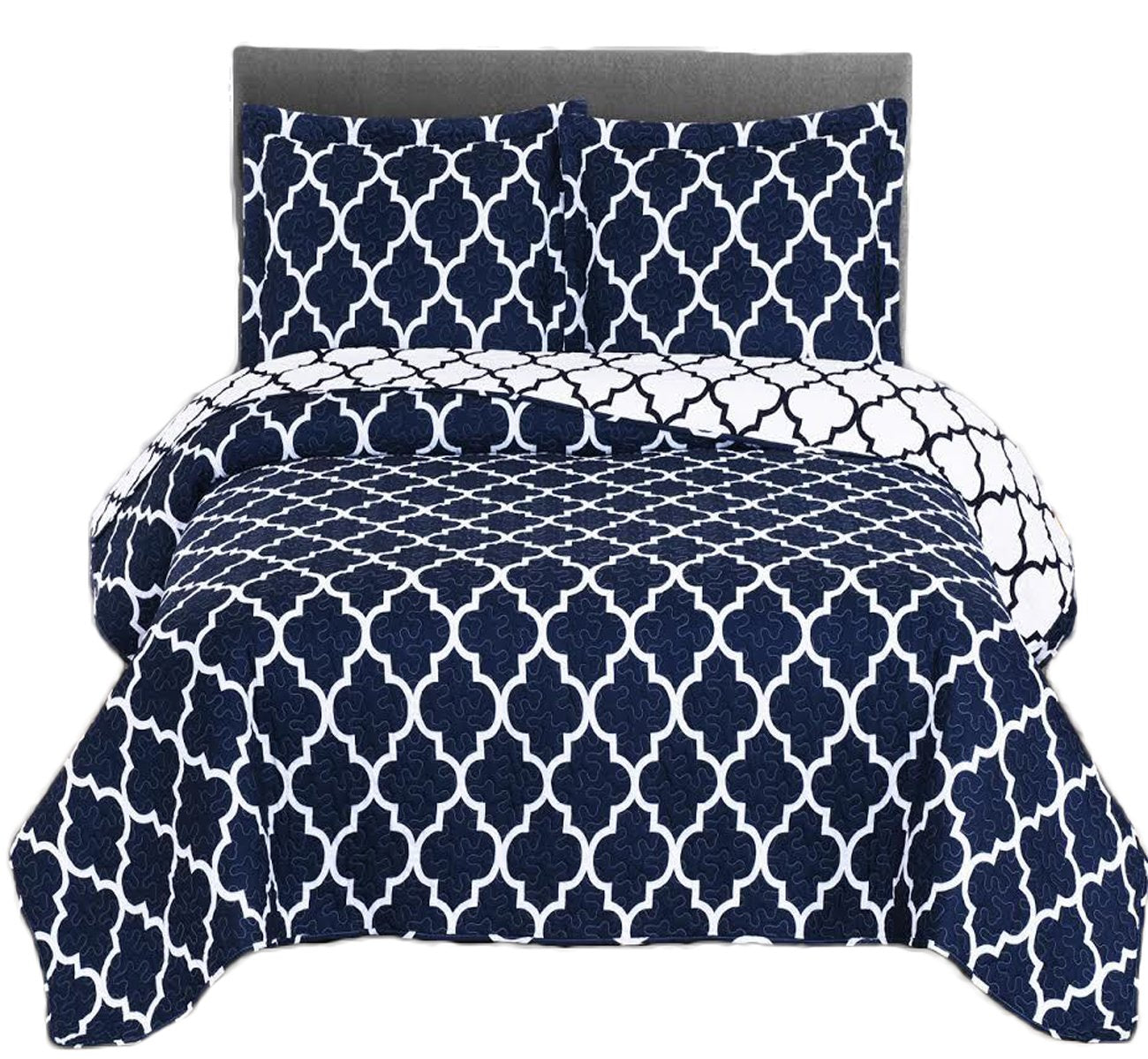 Royal Tradition Meridian-Navy Reversible Coverlets, King Over-Sized 3Pc Quilt Set (110-Inch Wide X 96-Inch Long) Lightweight Bed