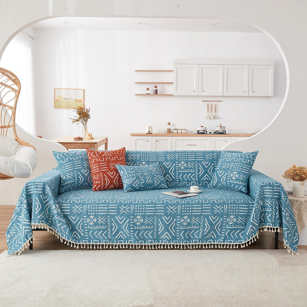 Handontime Turquoise Couch Protector For Dogs Boho Tassel Blue Couch Cover Farmhouse Sofa Covers Aztec Tribal Couch Covers For 3 Cushion Couch Sofa Universal Sofa Slipcover For Home Décor, 71' X118'