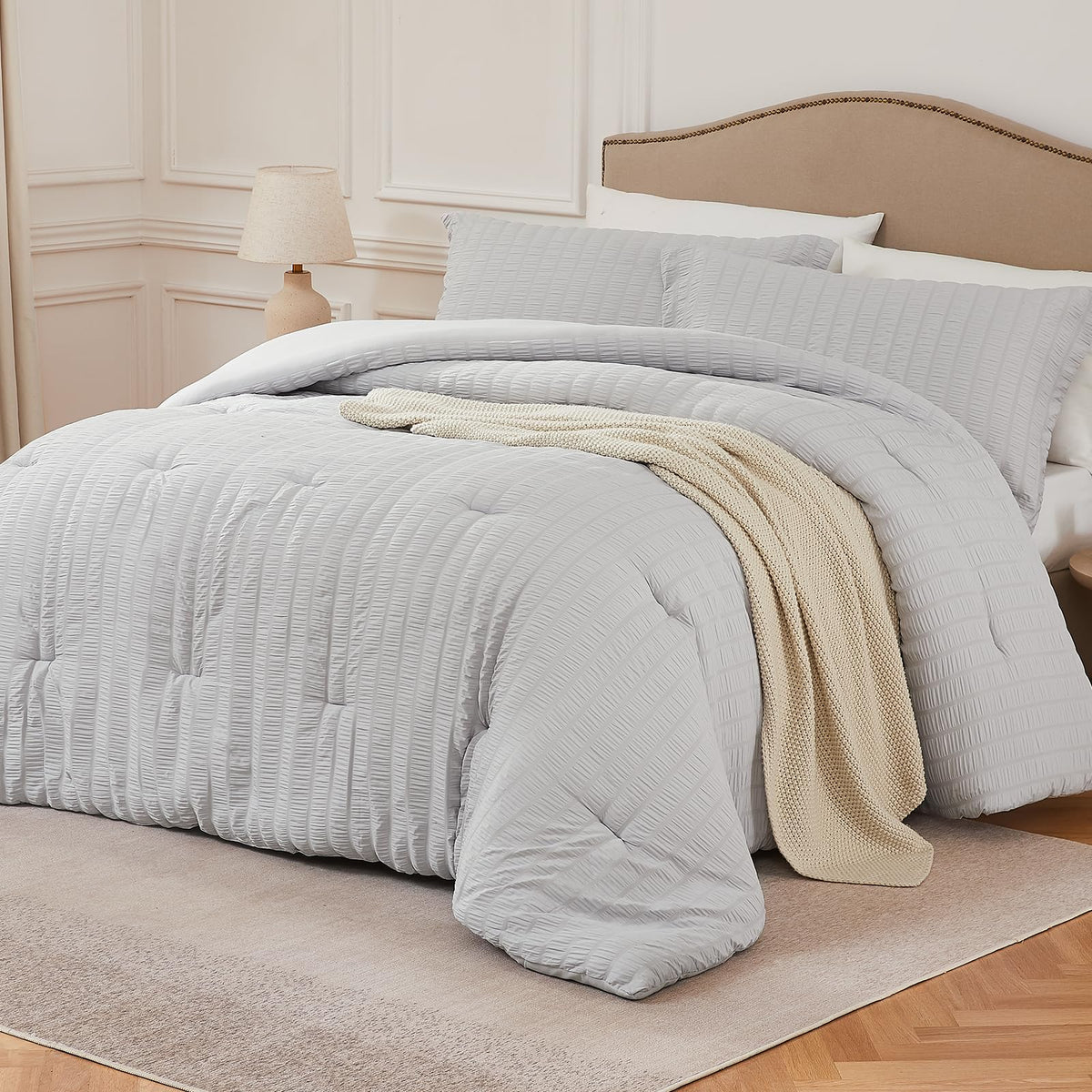 Quataly Light Grey Oversized Queen Comforter Set - 3 Pieces Seersucker Lightweight Bedding Comforter Sets (1 Soft Fluffy Comfort