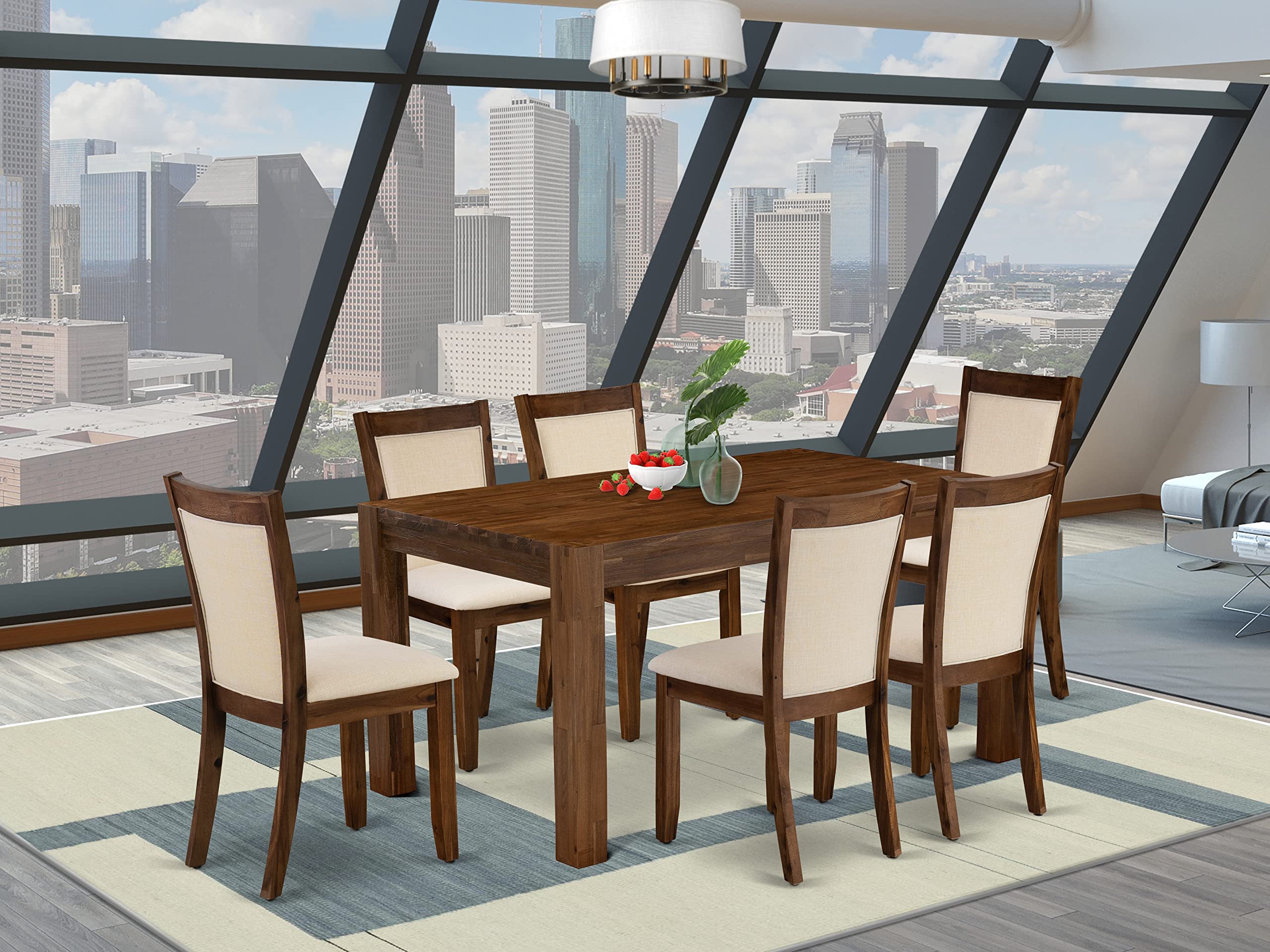 East West Furniture Cnmz7-Nn-32 7 Piece Modern Dining Table Set Consist Of A Rectangle Rustic Wood Wooden Table And 6 Light Beige Linen Fabric Upholstered Chairs, 36X60 Inch, Walnut